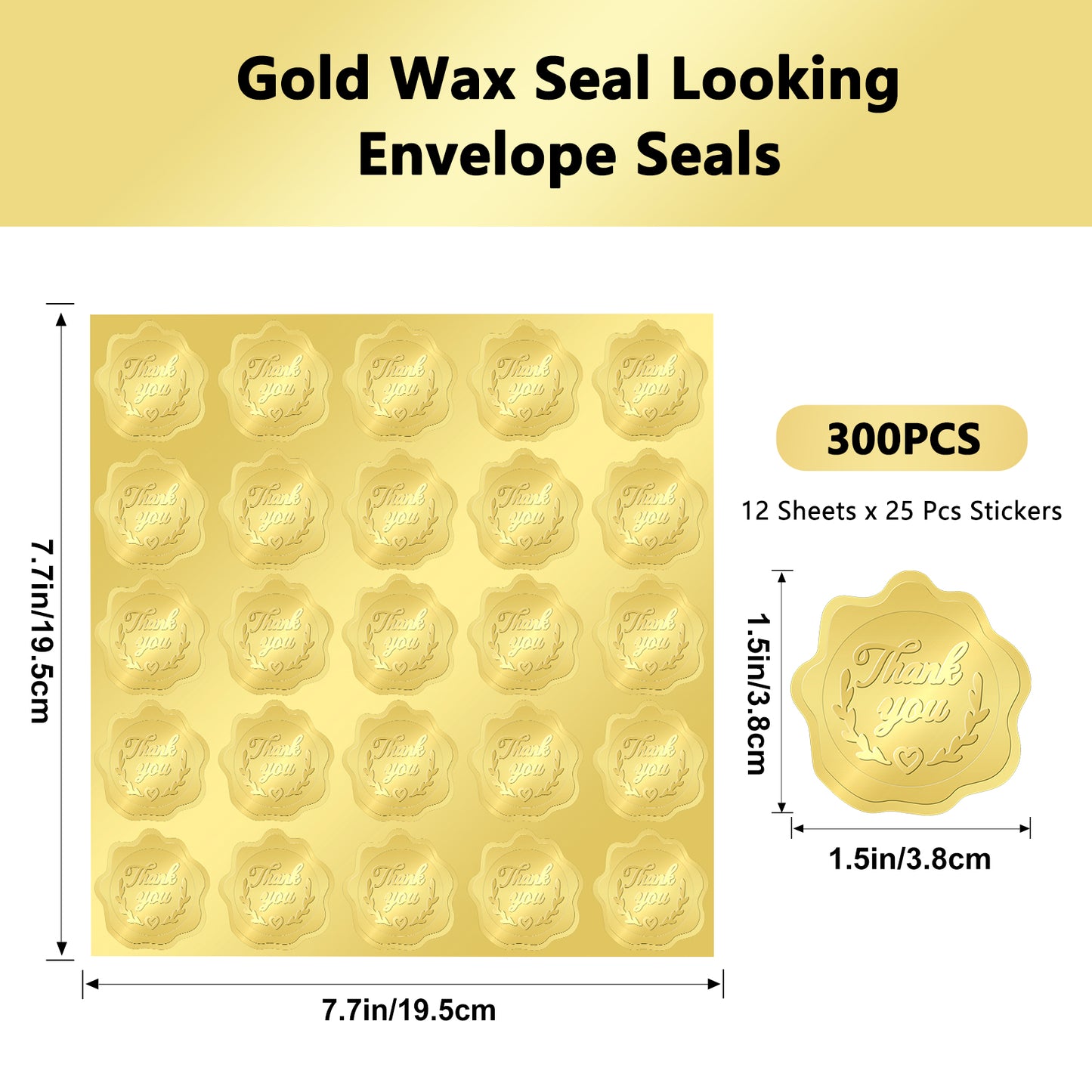 G2PLUS 300PCS Embossed Gold Foil Stickers, Gold Thank You Embossed Stickers, Gold Embossed Wax Seal Looking Heart Envelope Seals, Thank You Stickers for Wedding, Birthday, Baby Shower Party Favors