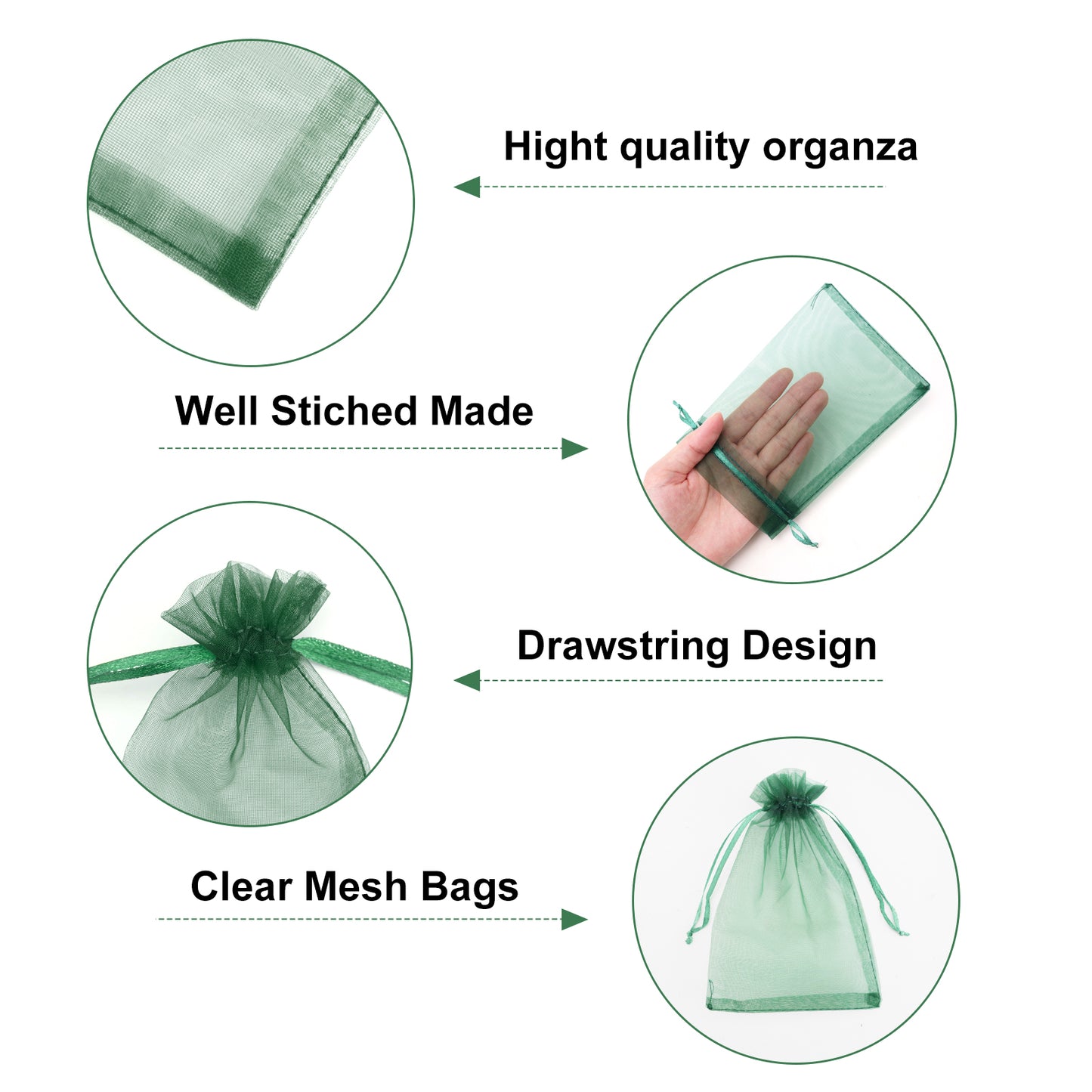 G2PLUS 100PCS Drawstring Organza Bags 4x6 in - Christmas Dark Green Organza Bags, Sheer Mesh Pouches for Candy, Fruits, Baby Shower, Wedding Party Favors