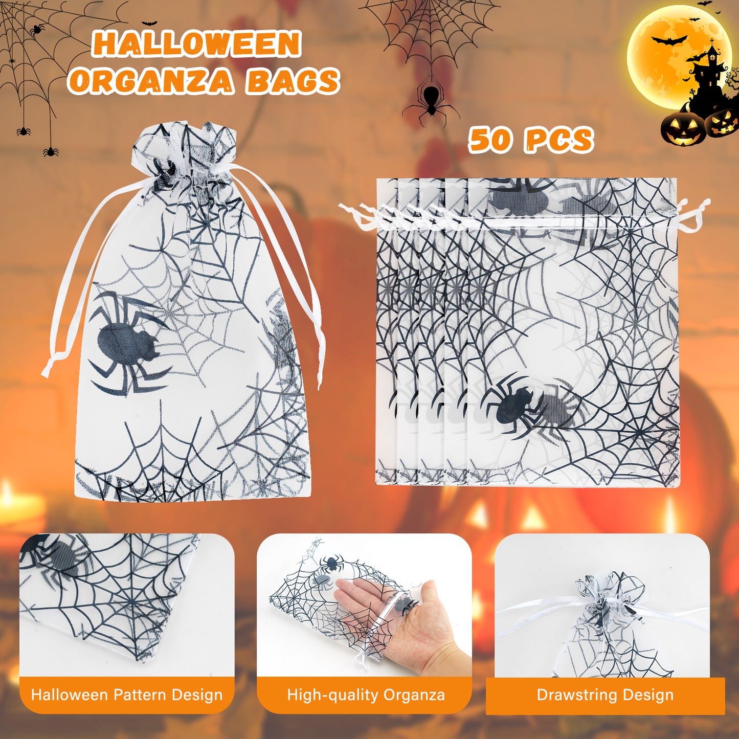 G2PLUS Halloween Organza Drawstring Bags, 50PCS Halloween Organza Bags 4x6, Sheer Organza Pouches, Trick or Treat Candy Goodies Bags, Spiderwebs Organza Bags for Halloween Party Favors (White)