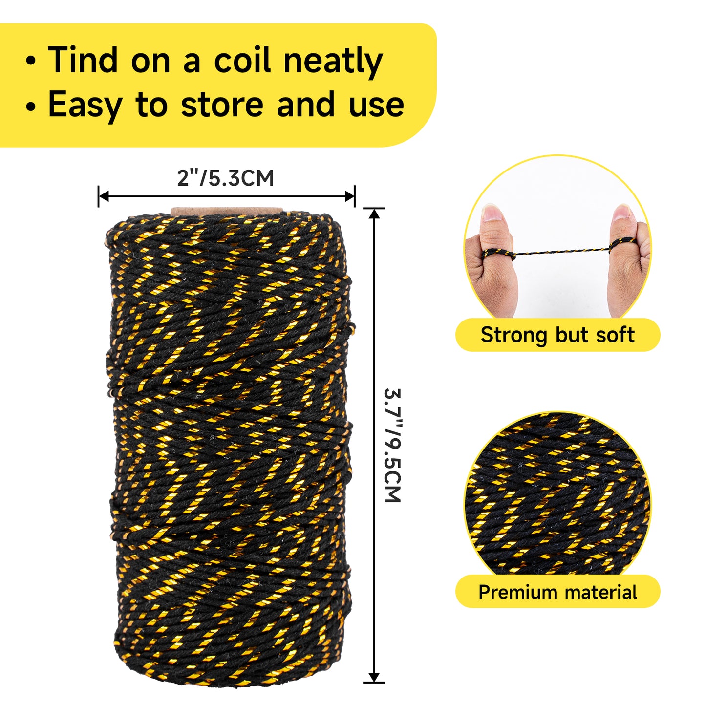 G2PLUS Black Gold String - 2MM 328ft Bakers Twine for Gift Wrapping, Black Cotton and Gold String DIY Crafts, Wedding, Christmas Party Decor