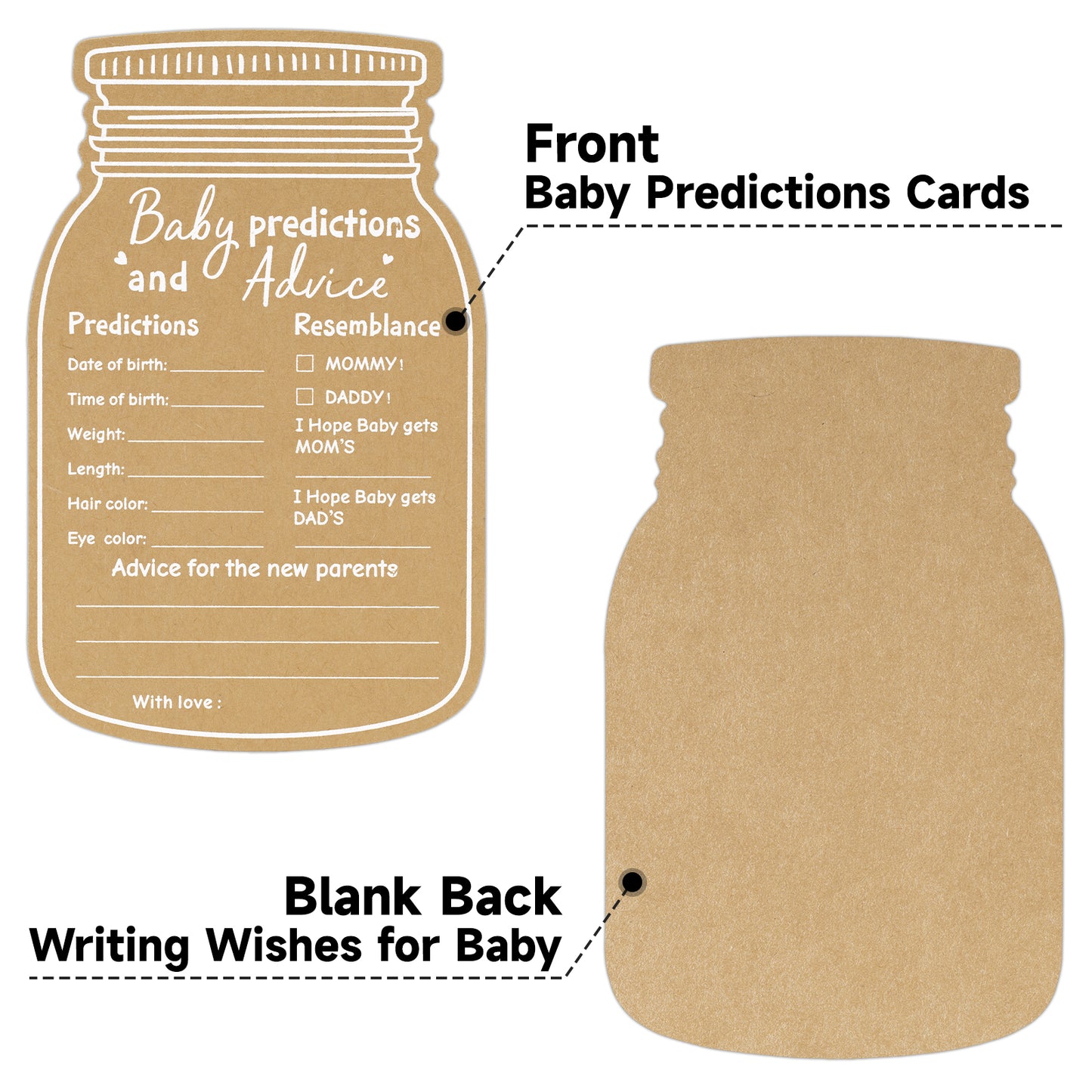 G2PLUS Baby Advice Cards, Mason Jar Baby Predictions and Advice Cards for Parents To Be, Wishes Card for New Parents, Gender Reveal Girls Boys Shower Game Party Decorations(4x6.3 in, kraft, white)