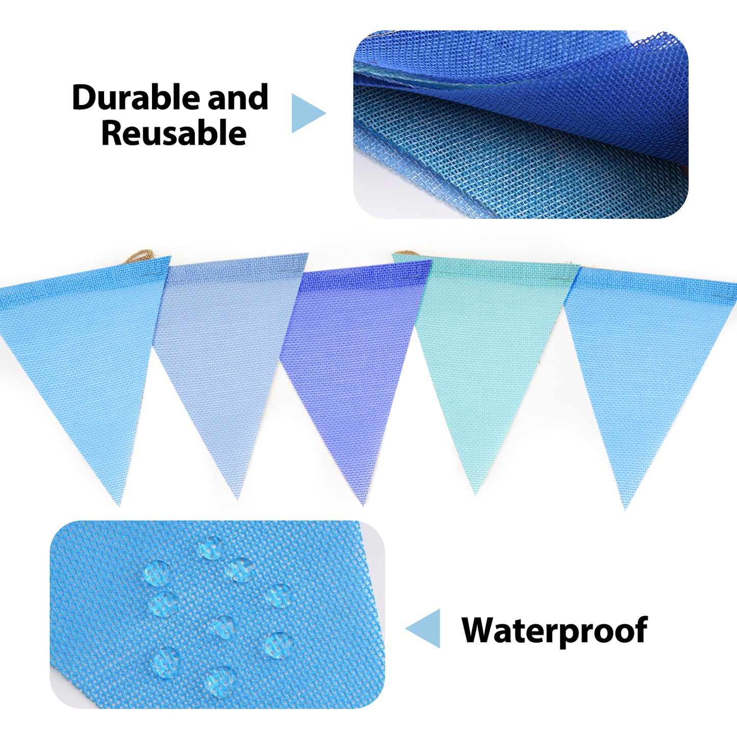 G2PLUS Pre-Strung Burlap Pennant Banner, 39Ft Blue Triangle Flag Bunting, 36pcs Pennant Banner Flags Garland for Birthday, Holidays and Theme Party Decorations