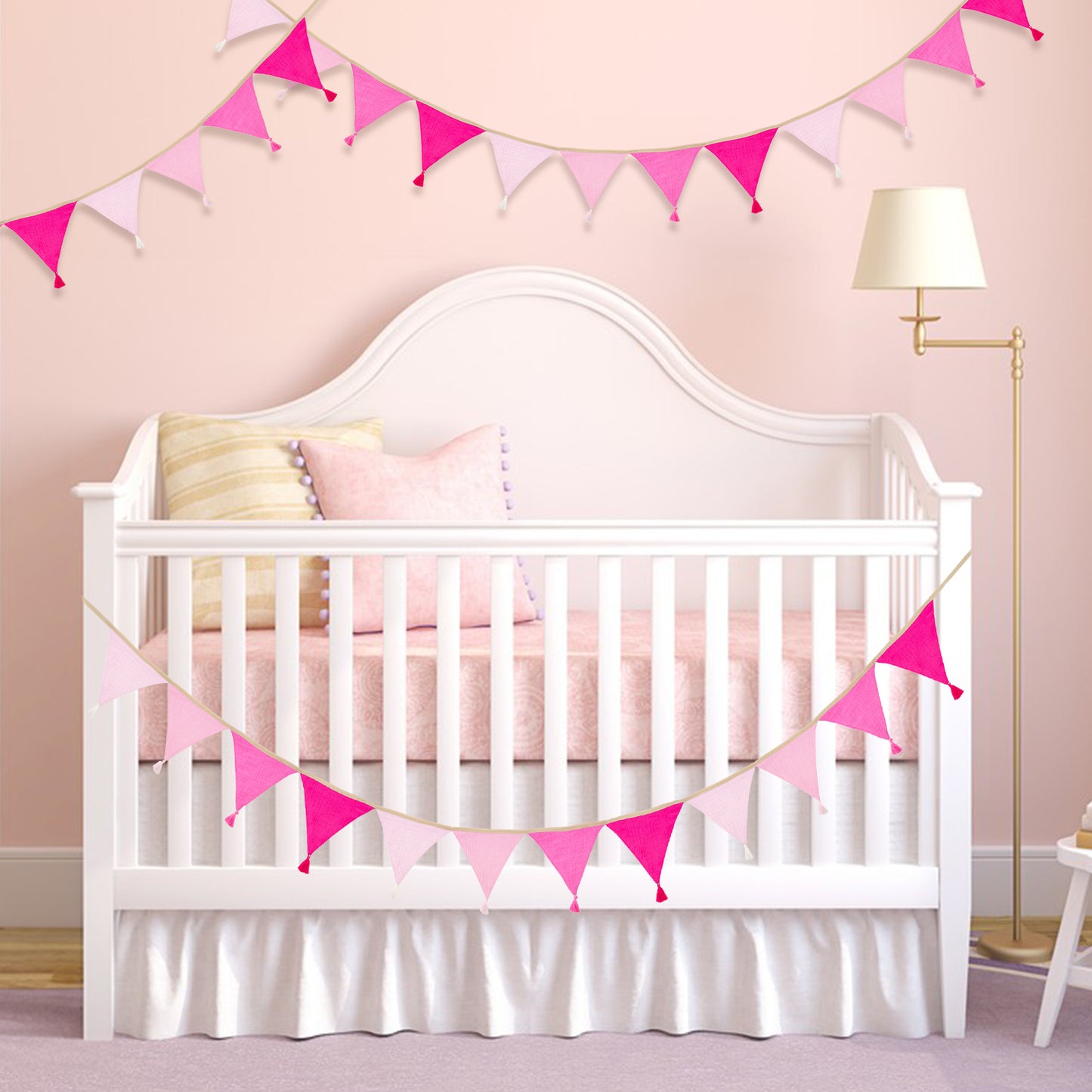 G2PLUS Cotton Fabric Bunting Banner, 9Ft Pink Triangle Pennant Banner Flag, 12pcs Double-Sided Bunting Garland with Tassels for Birthday Party, Wedding, Holiday, Classroom Hanging Decor