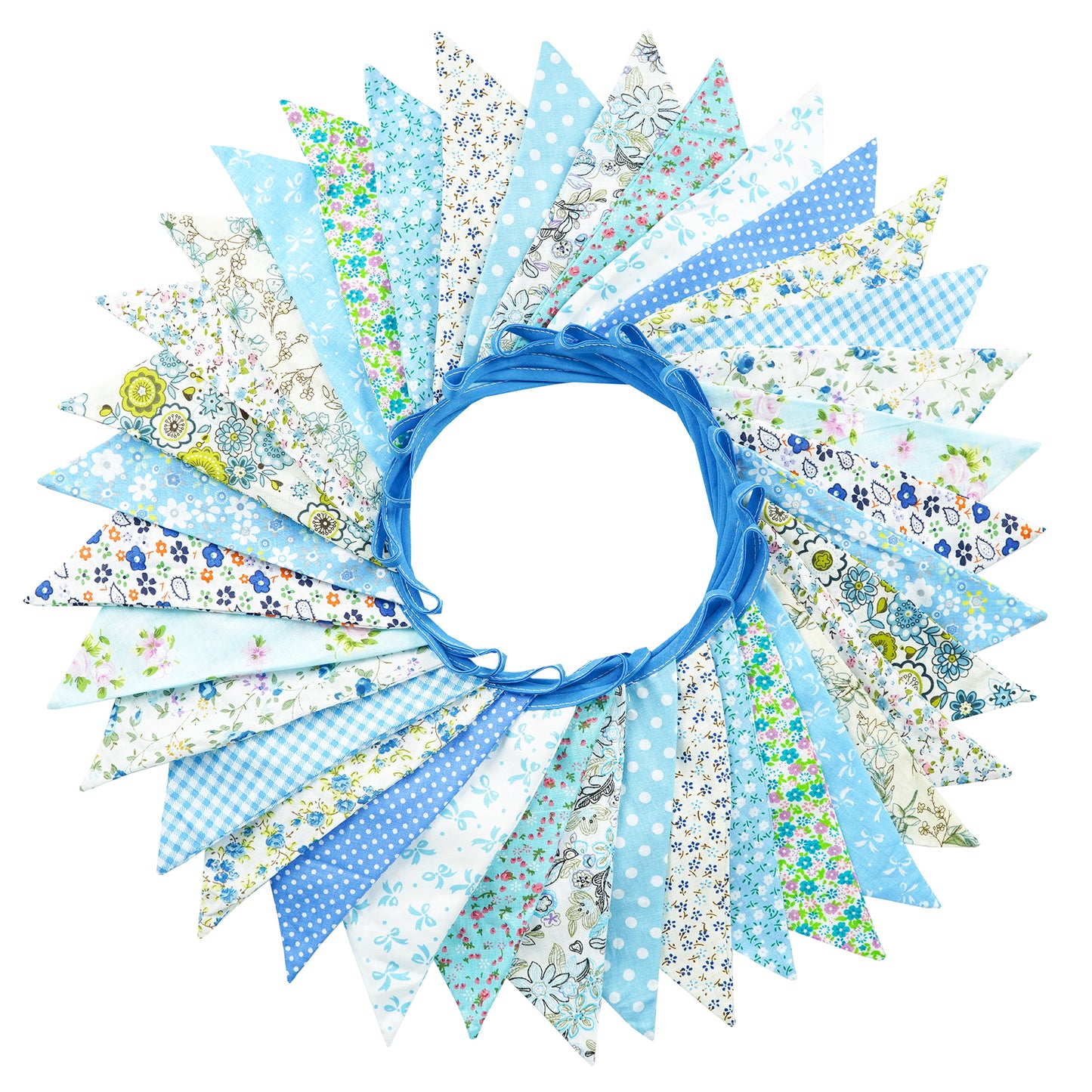 G2PLUS 36PCS Blue Fabric Bunting Banner, 10M Double Sided Cotton Bunting, 17x19CM Large Triangle Flag Garland, Floral Bunting Pennants for Wedding Birthday Parties