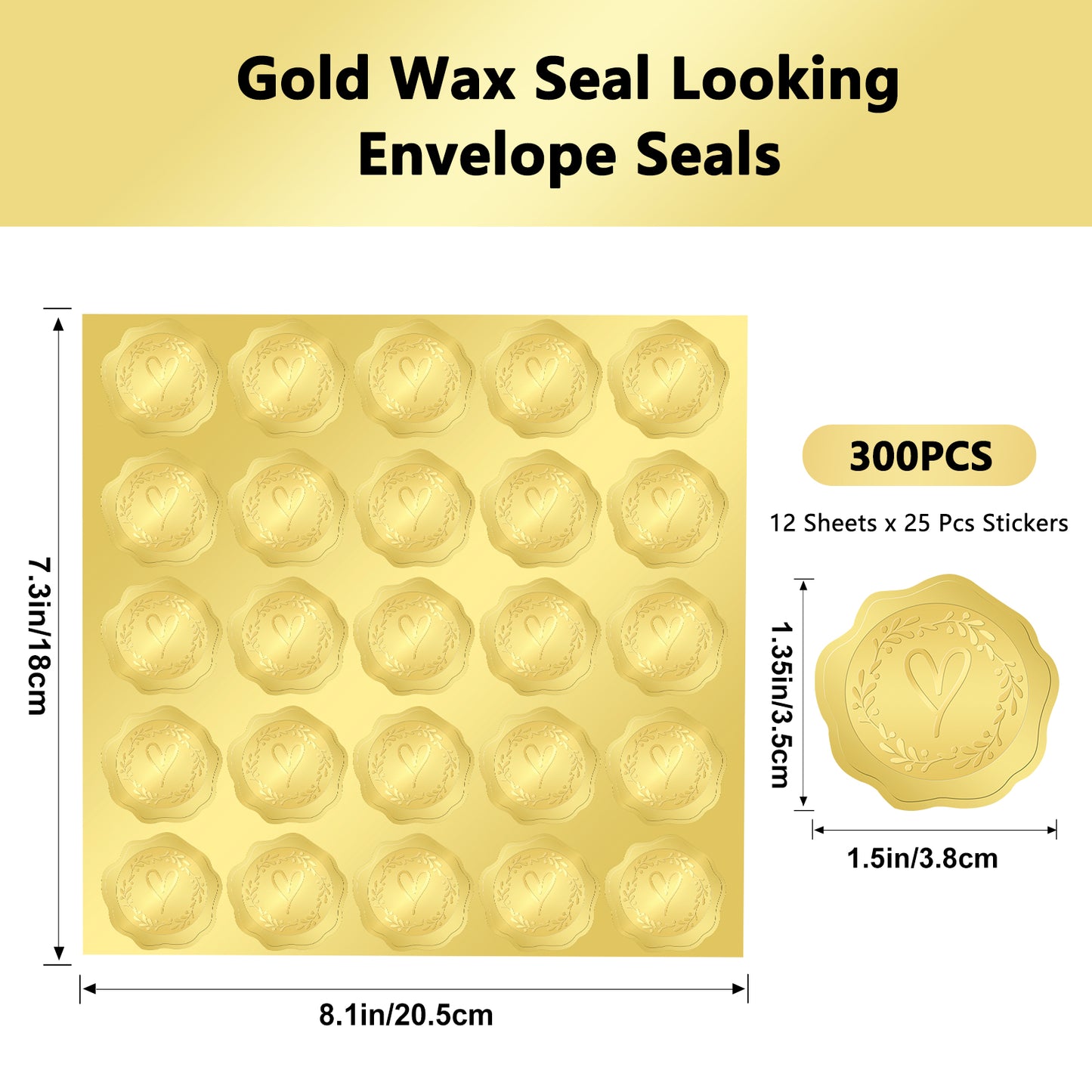 G2PLUS 300PCS Embossed Gold Foil Stickers, Gold Heart Envelope Seals Stickers, Gold Embossed Wax Seal Looking Heart Envelope Seals, Gold Heart and Garland Stickers for Envelope Seals, Cards, Invites