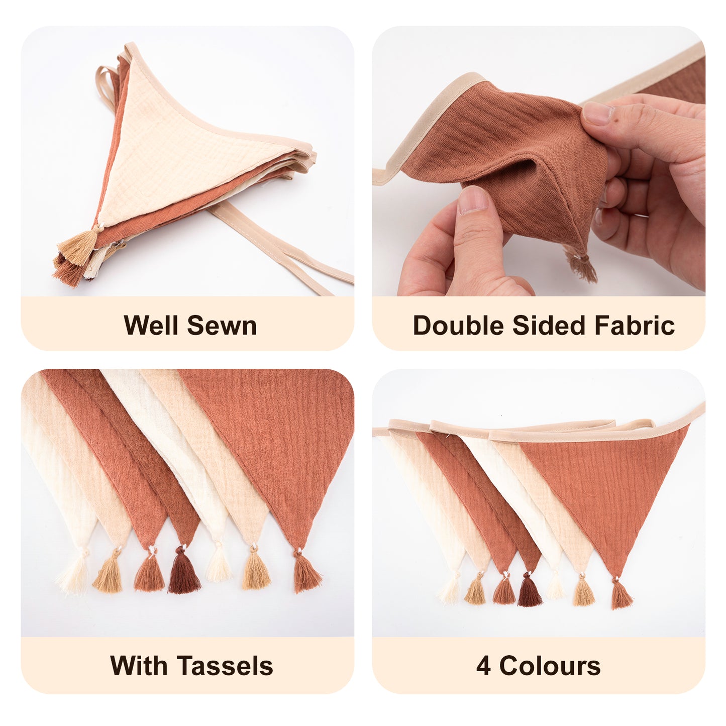 G2PLUS Cotton Fabric Bunting Banner, 9Ft Khaki Triangle Pennant Banner Flag, 12pcs Double-Sided Bunting Garland with Tassels for Birthday Party, Wedding, Holiday, Classroom Hanging Decor