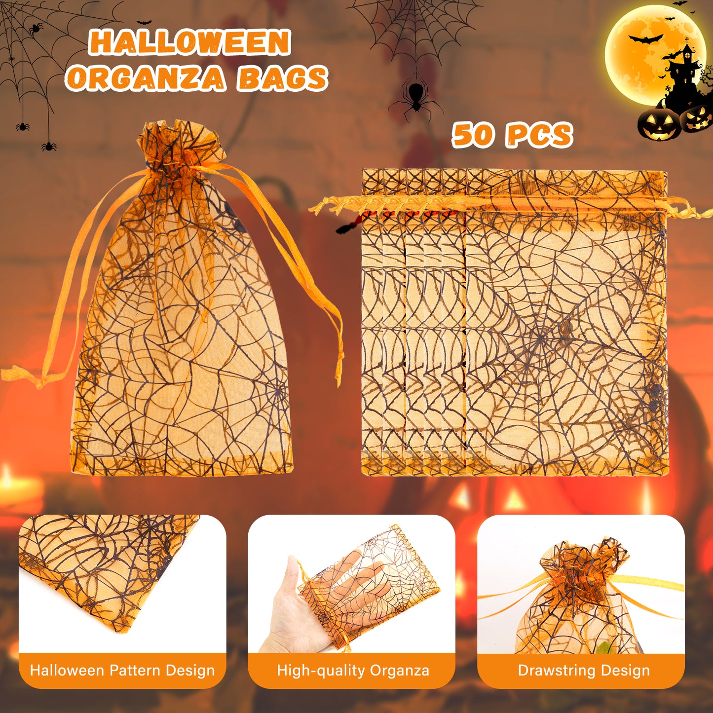 G2PLUS Halloween Organza Drawstring Bags, 50PCS Halloween Organza Bags 4x6, Sheer Organza Pouches, Trick or Treat Candy Goodies Bags, Spiderwebs Organza Bags for Halloween Party Favors (Orange)