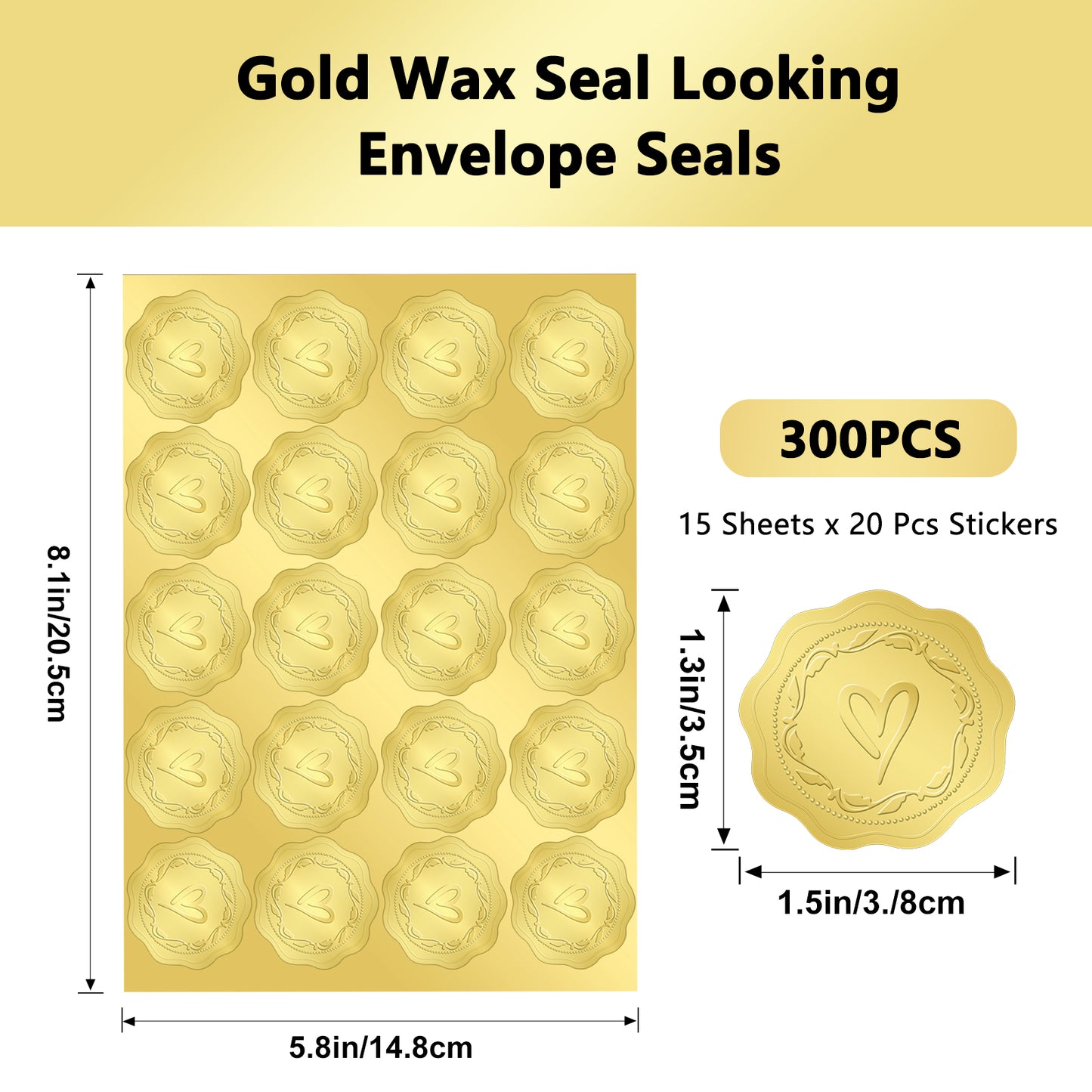 G2PLUS 300PCS Embossed Gold Foil Stickers, Gold Heart Envelope Seals Stickers, Gold Embossed Wax Seal Looking Heart Envelope Seals, Gold Heart and Garland Stickers for Wedding, Birthday Party Favors