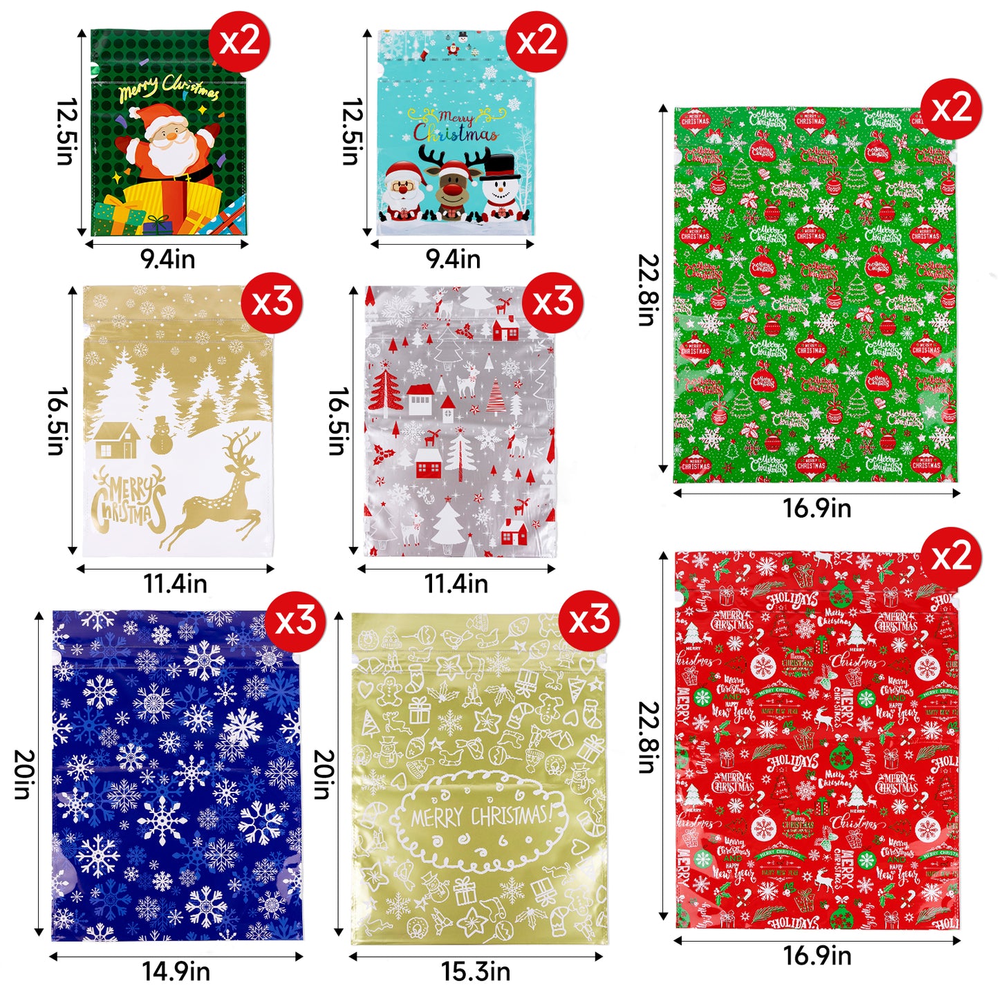 G2PLUS 20PCS Christmas Drawstring Gift Bags Assorted Sizes, Goodie Bags with Ribbon, 8 Designs Aluminum Foil Christmas Bags, Present Wrapping Bags for Packages, Holidays, and Birthday Party