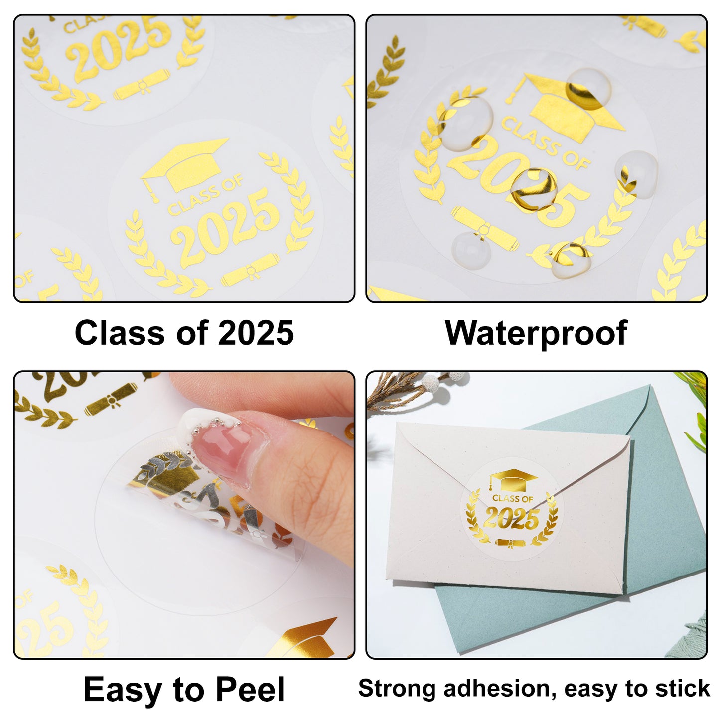 G2PLUS Graduation Stickers, 120PCS Class of 2025 Stickers, 1.6in Gold Foil Graduation Cap Stickers, Transparent Graduation Envelope Seal Sticker for Graduation Invitation and Grad Party Favors