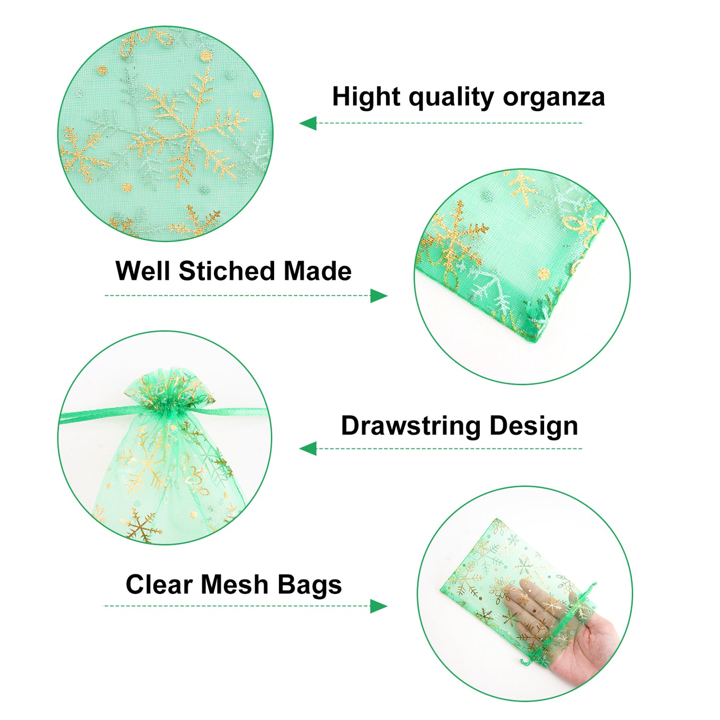 G2PLUS Christmas Drawstring Organza Bags 4x6-50PCS Christmas Snowflake Organza Gift Bags, Green Sheer Mesh Pouches, Xmas Winter Holiday Sheer Mesh Bag for Jewelry, Candy, Goodies