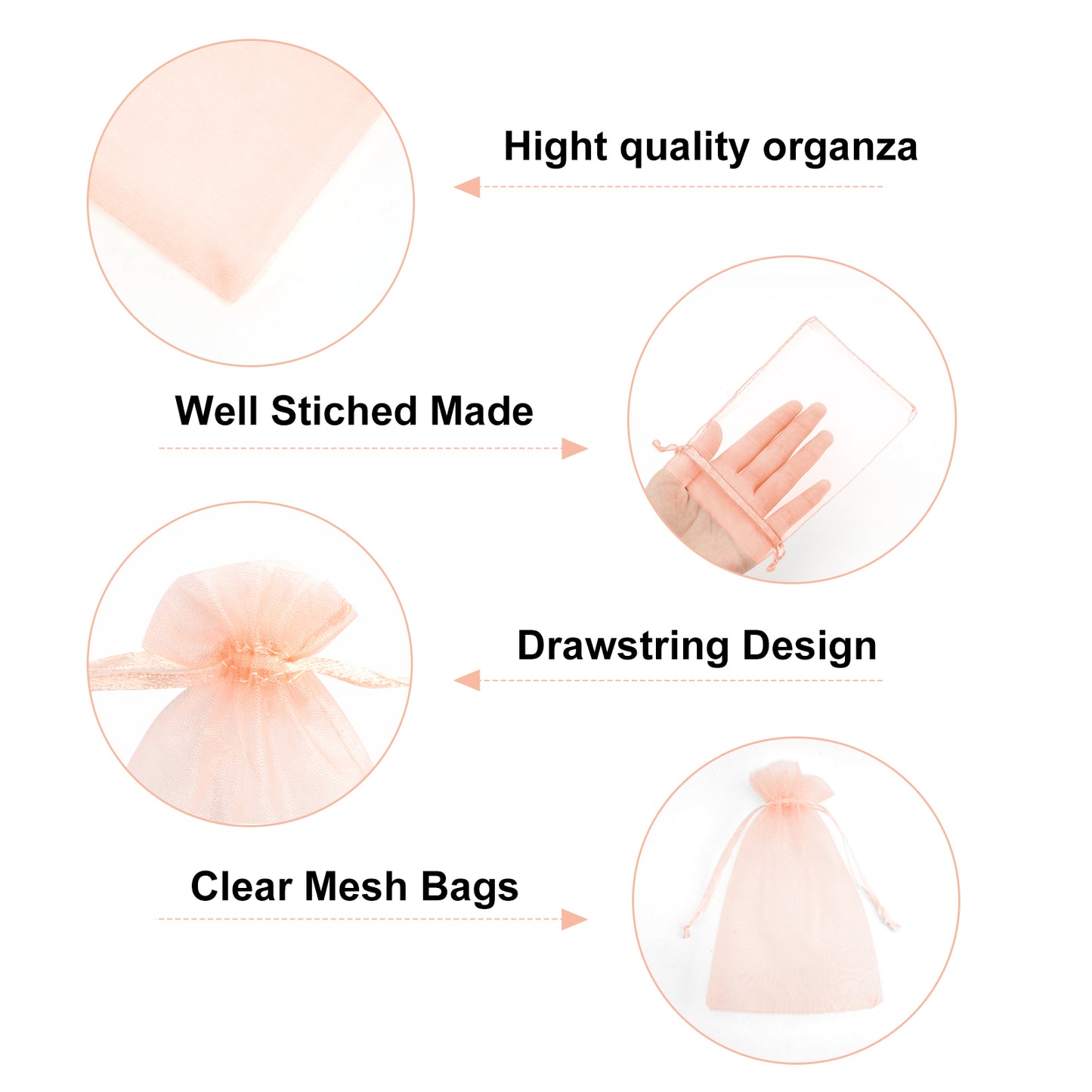 G2PLUS Peach Organza Bags 4x6 In - 100PCS Drawstring Organza Bags, Sheer Mesh Jewelry Pouches, Candy Gift Wrap Pouch for Halloween, Christmas, Wedding Party Favors