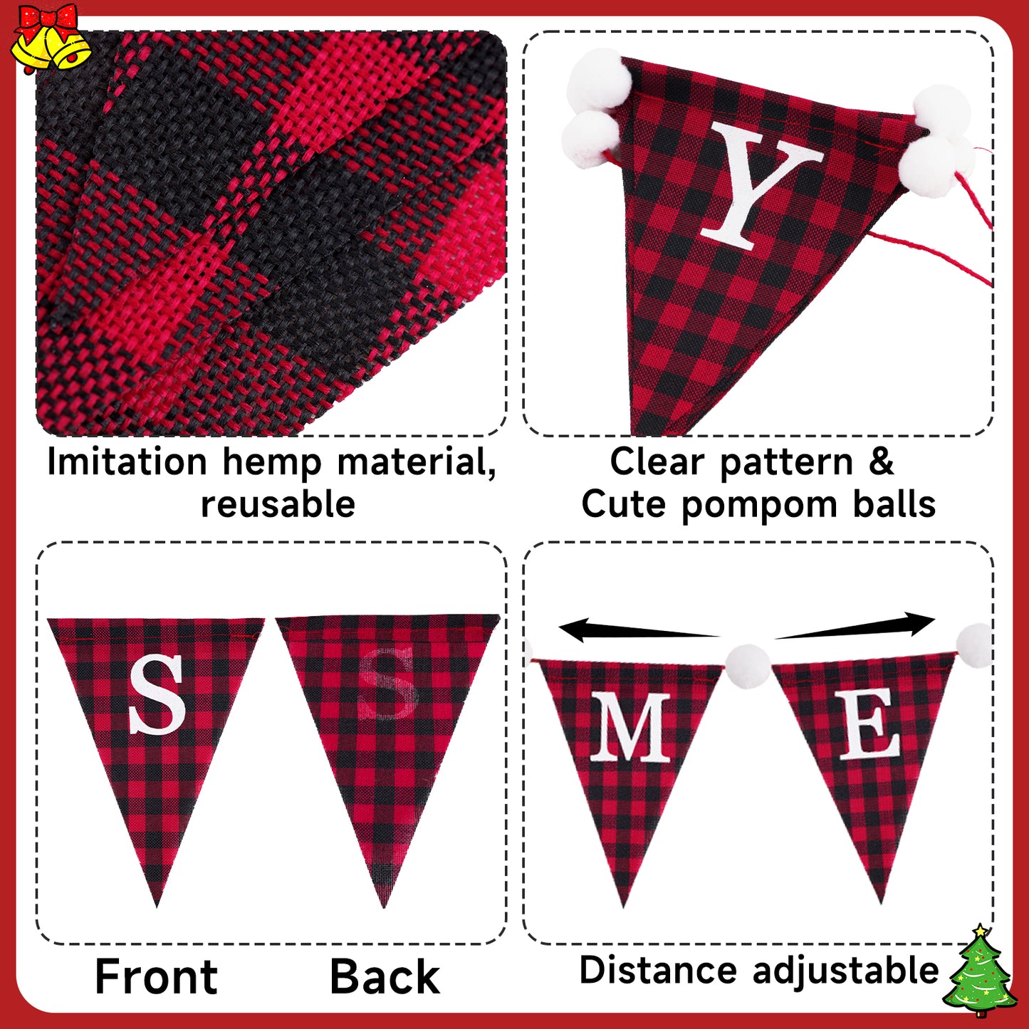 G2PLUS Merry Christmas Burlap Banner, 19.6Ft Red and Black Buffalo Plaid Banner, Pre-strung Triangle Pennant Flag Garland Bunting for Holiday Party, Fireplace Wall, Xmas Home Decorations
