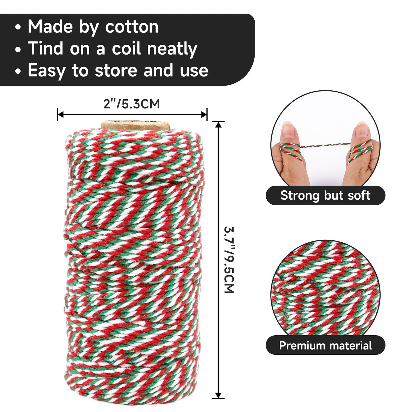 G2PLUS Christmas Twine String - 2MM 328 Ft Baker's Twine, Red Green White Cotton String for Gift Wrapping, DIY Crafts, Party Decorations