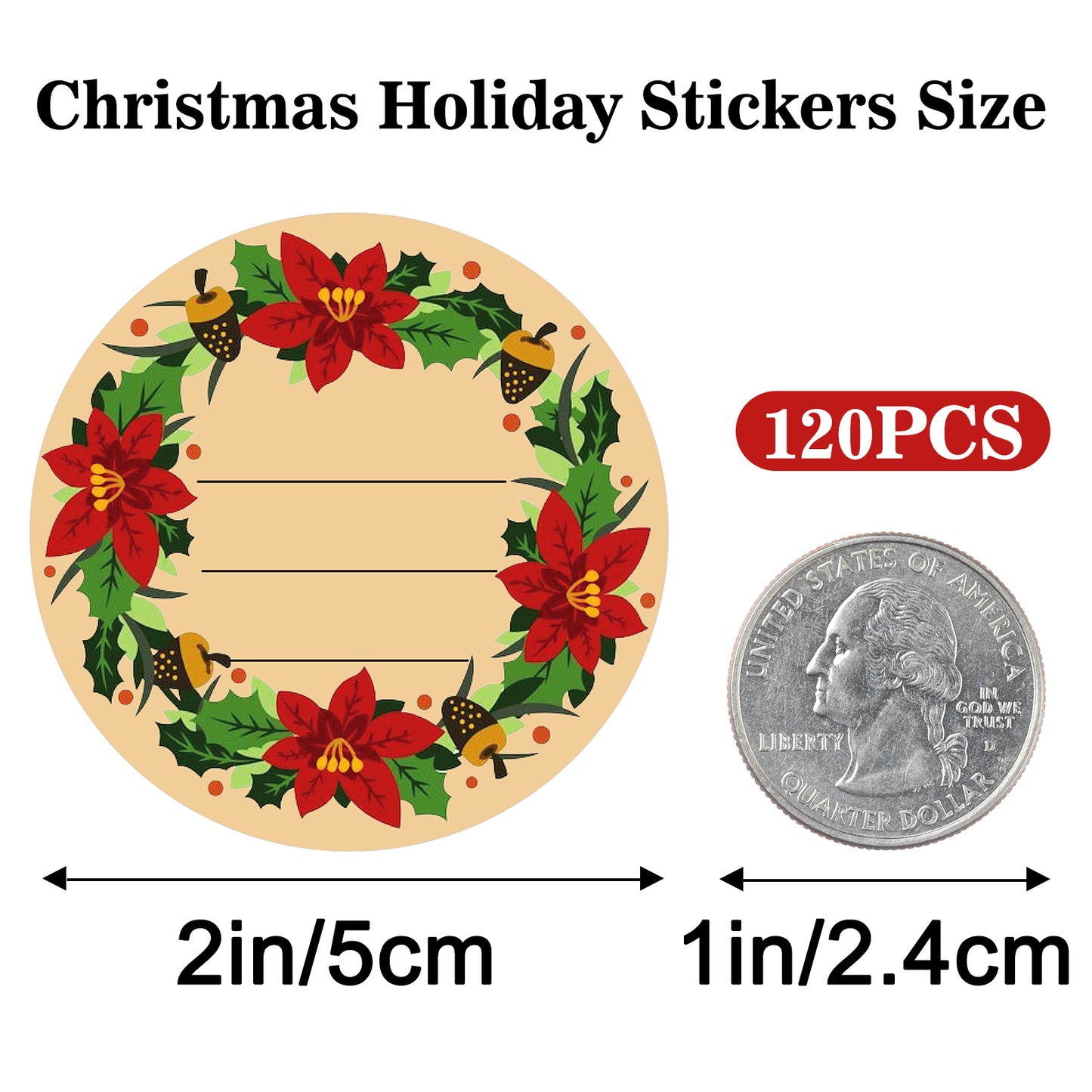 G2PLUS 120Pcs Christmas Gift Stickers - 2 Inch Round Kraft Paper Christmas Holiday Wreath Labels Stickers for Gift Wrapping, Party Favors, DIY Crafts