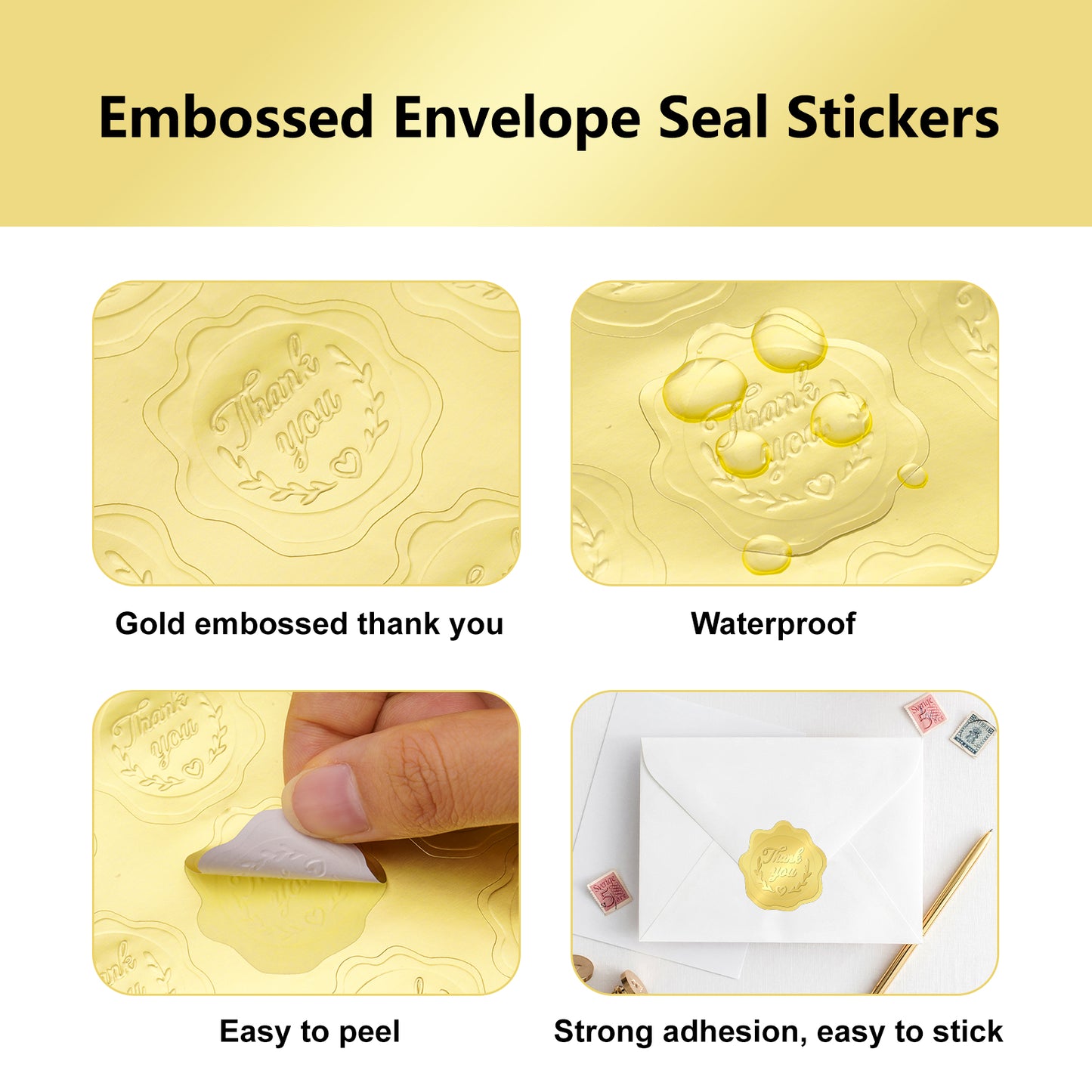 G2PLUS 300PCS Embossed Gold Foil Stickers, Gold Thank You Embossed Stickers, Gold Embossed Wax Seal Looking Heart Envelope Seals, Thank You Stickers for Wedding, Birthday, Baby Shower Party Favors
