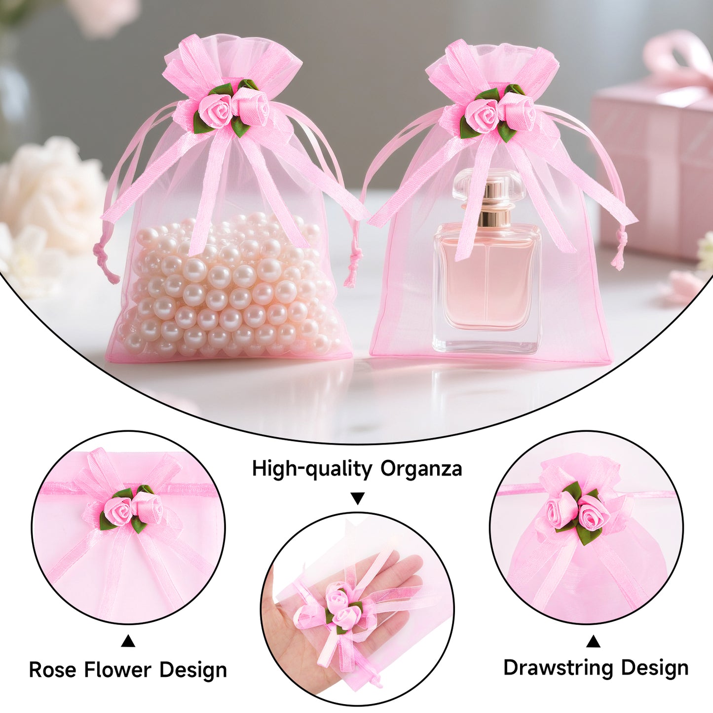 G2PLUS 30Pcs Rose Organza Bags 4x6 Inch-Pink Wedding Favor Bags, Sheer Mesh Jewelry Pouches with Drawstring for Bridal Shower, Baby Shower, Valentine's Day Party Favors
