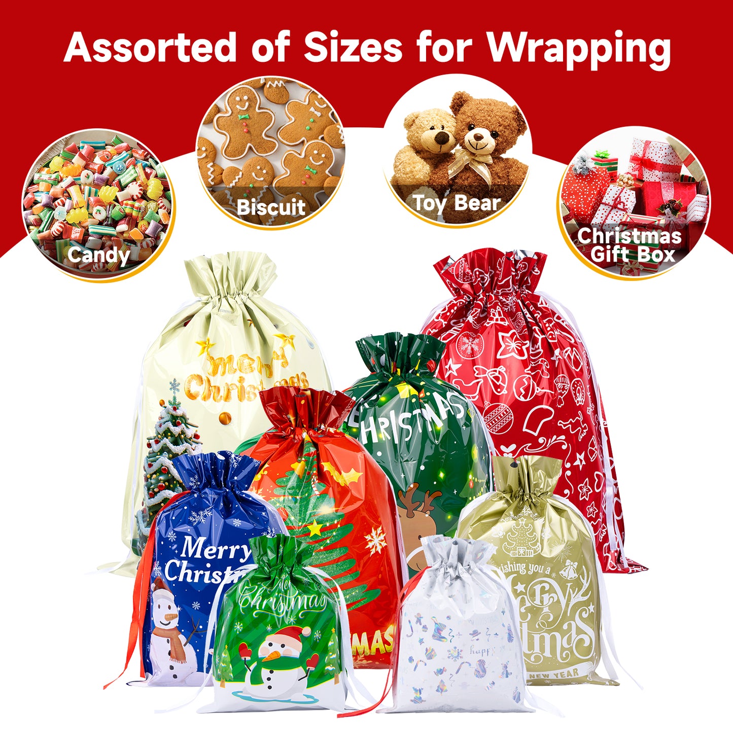 G2PLUS 20PCS Christmas Drawstring Gift Bags Assorted Sizes - 8 Designs Christmas Aluminum Foil Bags with Ribbon, Present Wrapping Pouches for Packages, Holidays, Birthday, Xmas Party Favors