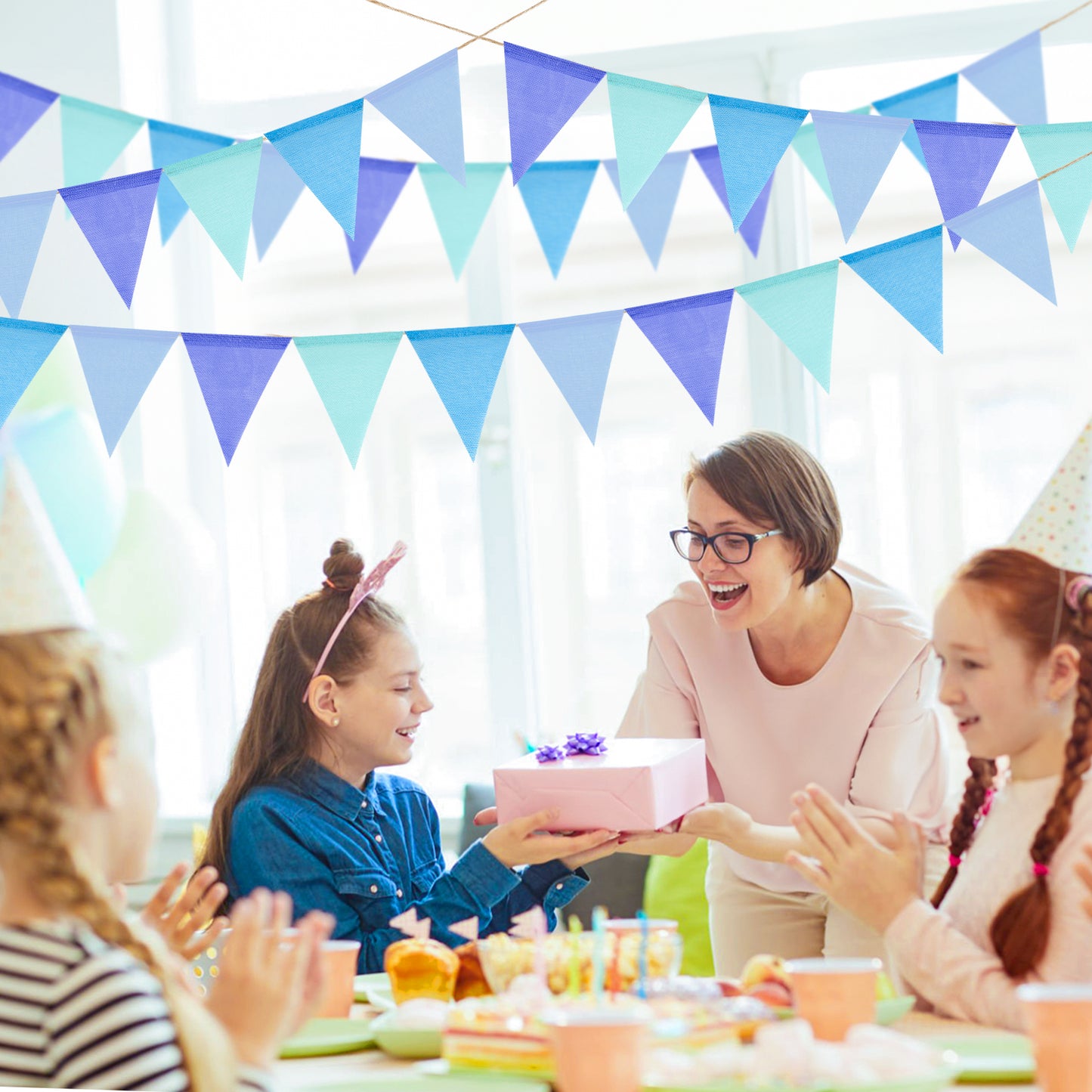 G2PLUS Pre-Strung Burlap Pennant Banner, 39Ft Blue Triangle Flag Bunting, 36pcs Pennant Banner Flags Garland for Birthday, Holidays and Theme Party Decorations