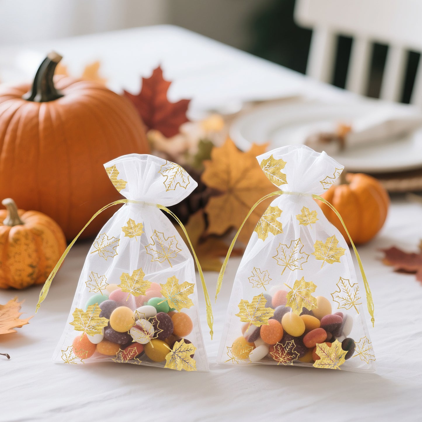 G2PLUS 50Pcs Fall Organza Drawstring Bags 4x6 In - Thanksgiving Organza Bags, White Sheer Mesh Pouches, Gold Maple Leaves Candy Treat Bags for Wedding, Baby Shower, Autumn Holiday Party Favors