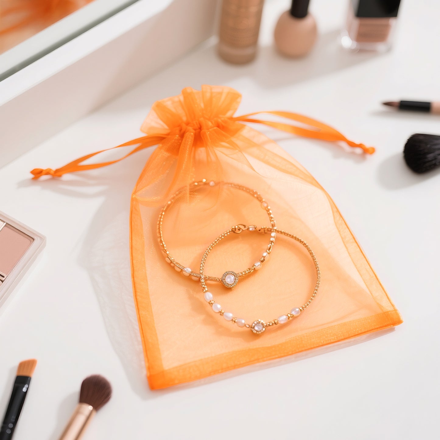 G2PLUS 25PCS Orange Organza Bags 5x7 inches - Sheer Mesh Jewelry Pouches, Organza Gift Bags with Drawstring for Candy, Jewelry, Wedding Party Favors