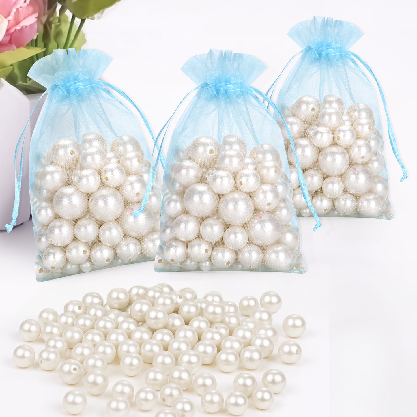 G2PLUS Blue Organza Bags 4x6 in, 100PCS Drawstring Organza Bags, Sheer Mesh Jewelry Pouches, Baby Blue Sheer Candy Pouches for Baby Shower, Bridal Shower, Wedding Party Favors