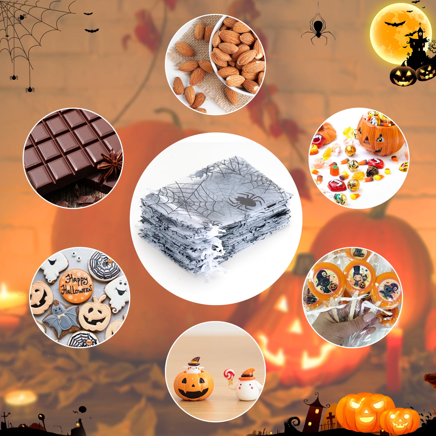 G2PLUS Halloween Organza Drawstring Bags, 50PCS Halloween Organza Bags 4x6, Sheer Organza Pouches, Trick or Treat Candy Goodies Bags, Spiderwebs Organza Bags for Halloween Party Favors (White)
