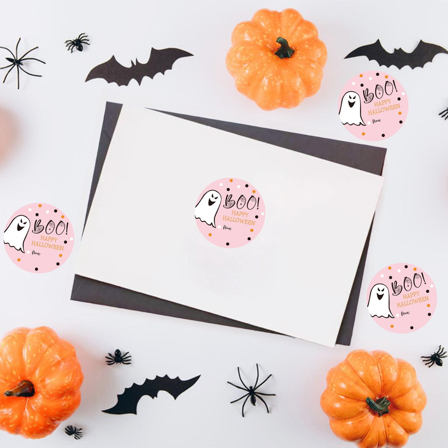 G2PLUS Happy Halloween Stickers, 60PCS Halloween Boo Gift Stickers, Halloween Name Gift Stickers, 2'' Round Halloween Ghost Label, Trick or Treat Stickers for Candy Bags, Halloween Party Favors