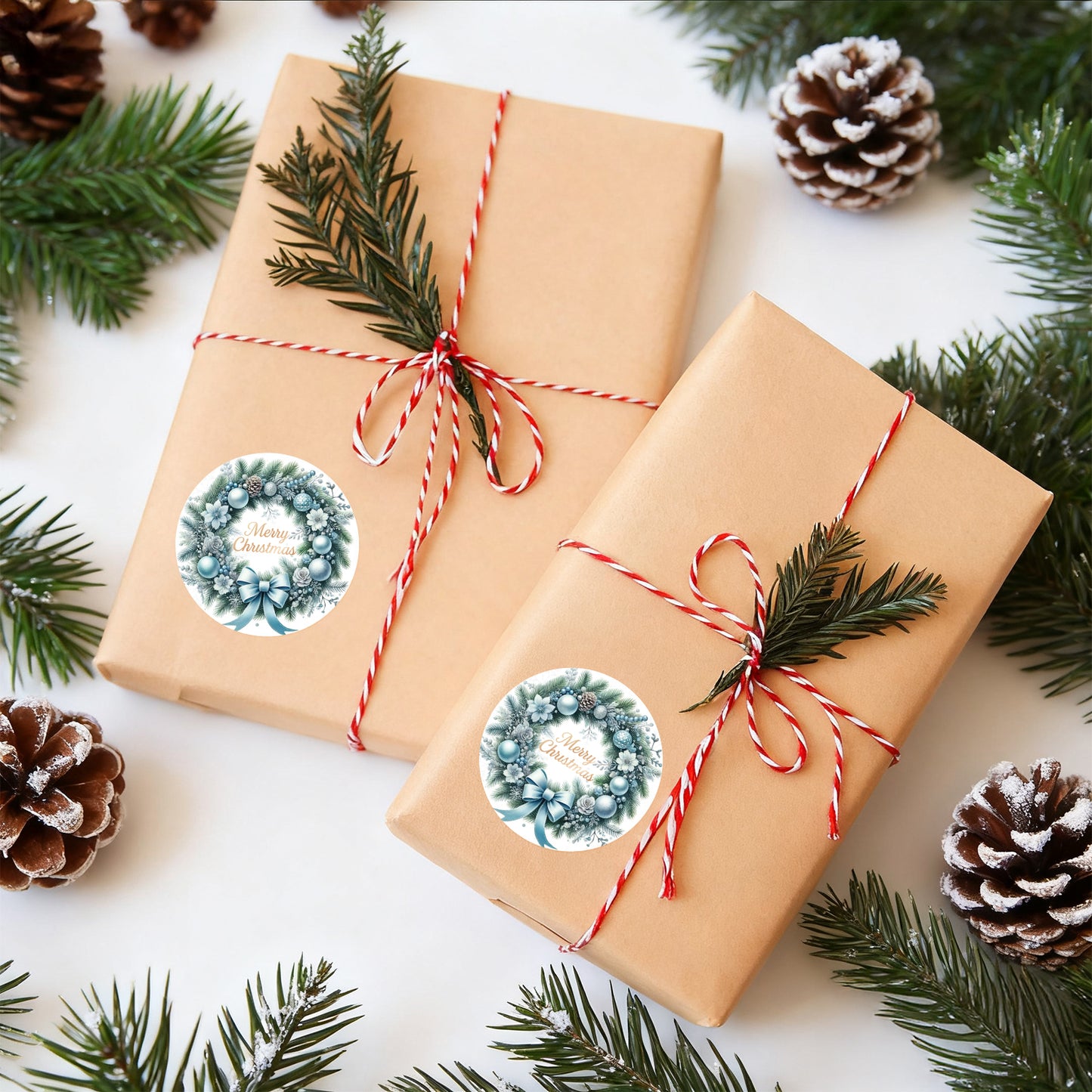 G2PLUS Merry Christmas Stickers - 120Pcs Blue Christmas Wreath Stickers, 2'' Round Self-Adhesive Xmas Labels for Envelope Seals, Holiday Wrapping, Party Favors, DIY Crafts, Small Business Packaging