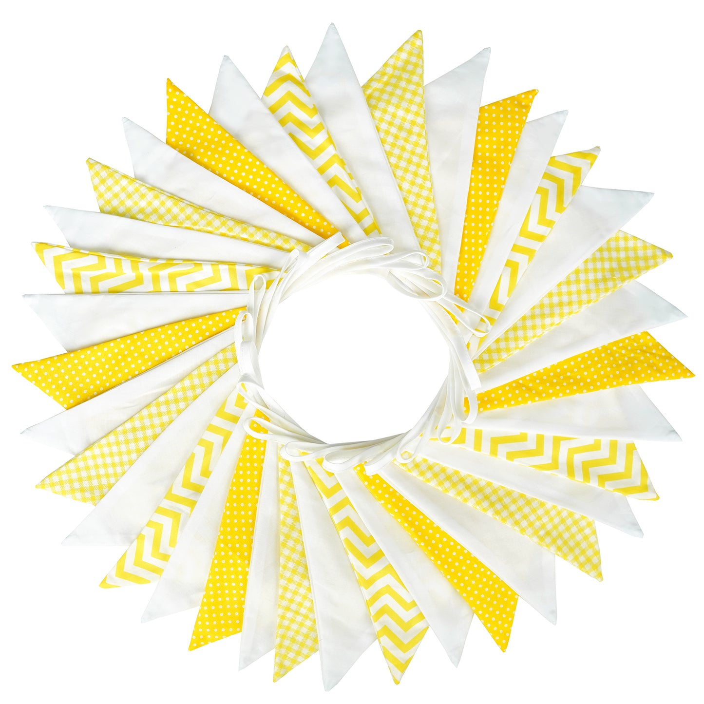 G2PLUS 36PCS Yellow and White Fabric Bunting, Two Layer 10M Lovely Triangle Banner Garlands, 17X19CM Double Side Large Cotton Pennants for Easter Birthday Parties Ceremonies Bedrooms