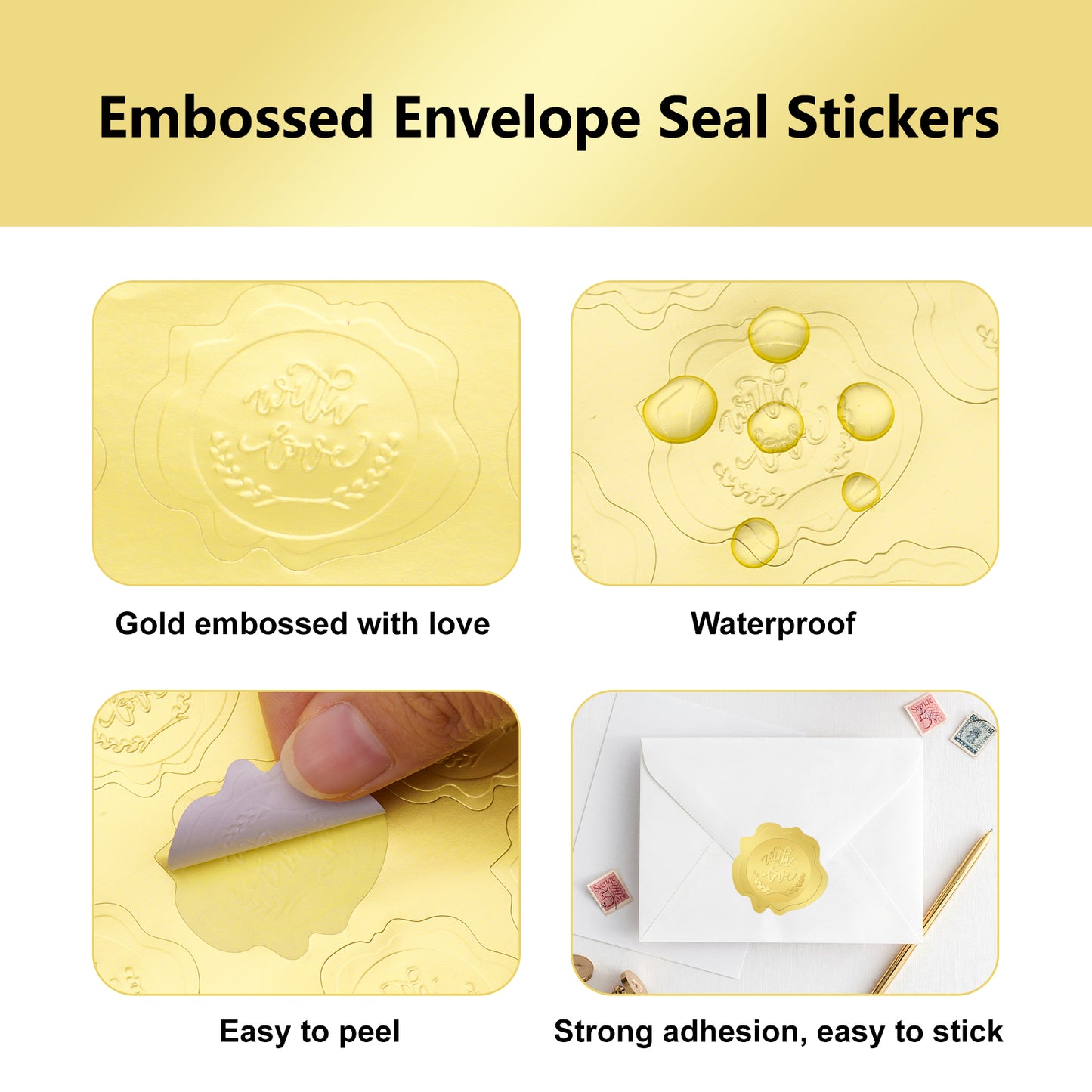 G2PLUS 300PCS Wedding Embossed Stickers, Embossed with Love Stickers, Embossed Gold Foil Stickers, Gold Embossed Wax Seal Looking Envelope Seals for Wedding, Birthday, Baby Shower Party Favors