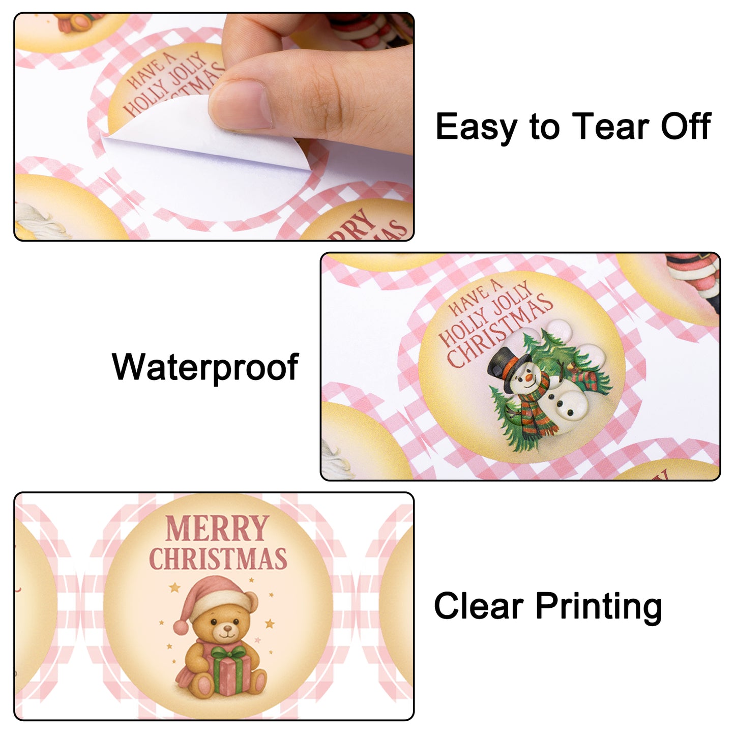 G2PLUS 120Pcs Merry Christmas Stickers - 2'' Round Self-Adhesive Waterproof Holiday Stickers, 6 Designs Pink Buffalo Plaid Xmas Labels for Envelope Seals, Gift Wrapping, Candy Bags, Cards