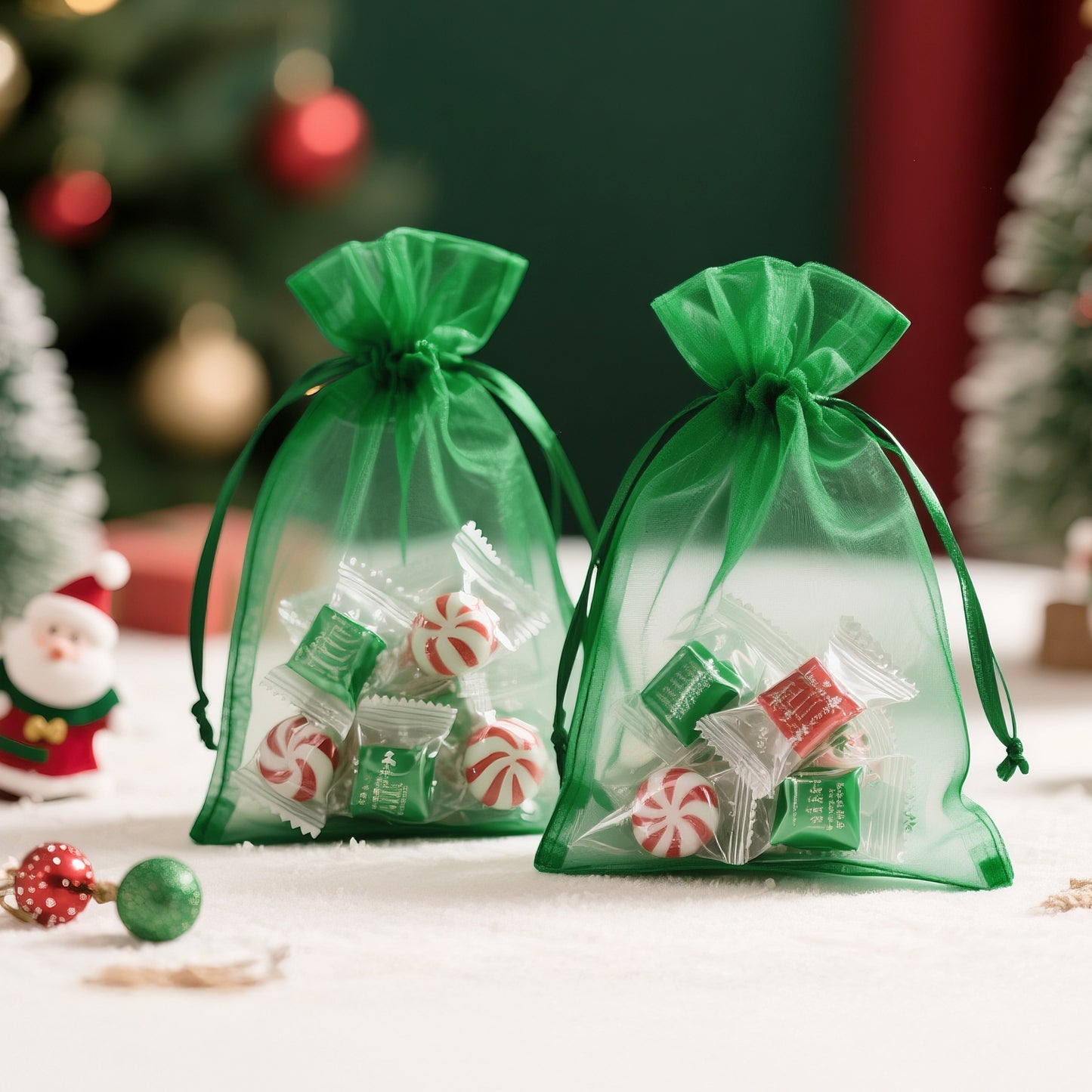 G2PLUS 25PCS Green Organza Bags - 5x7In Sheer Mesh Jewelry Pouches, Organza Gift Bags with Drawstring for Candy, Jewelry, Wedding Party Favors