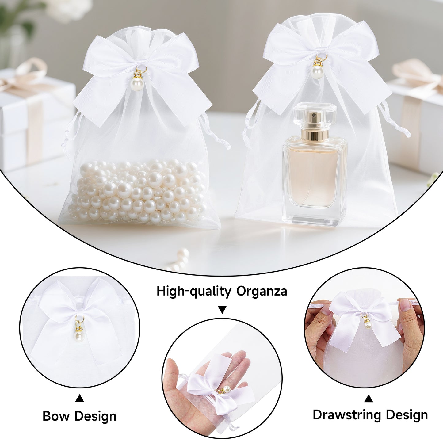 G2PLUS 30Pcs Organza Bags with Bow-4x6 In White Wedding Favor Bags Sheer Mesh Jewelry Pouches with Drawstring for Bridal Shower, Baby Shower, Valentine's Day Party Favors