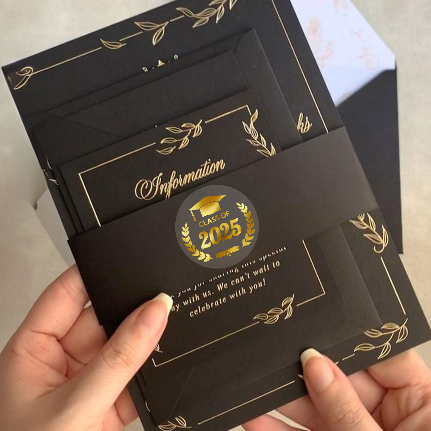 G2PLUS Graduation Stickers, 120PCS Class of 2025 Stickers, 1.6in Gold Foil Graduation Cap Stickers, Transparent Graduation Envelope Seal Sticker for Graduation Invitation and Grad Party Favors