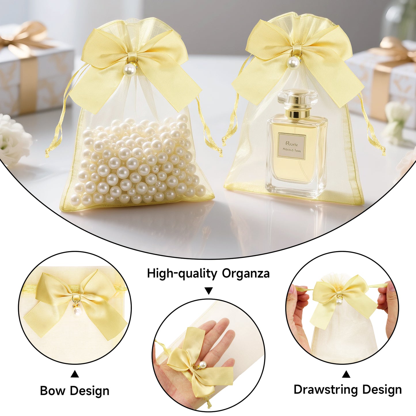 G2PLUS 30Pcs Organza Bags with Bow-4x6 In Gold Wedding Favor Bags, Sheer Mesh Jewelry Pouches with Drawstring for Bridal Shower, Baby Shower, Valentine's Day Party Favors