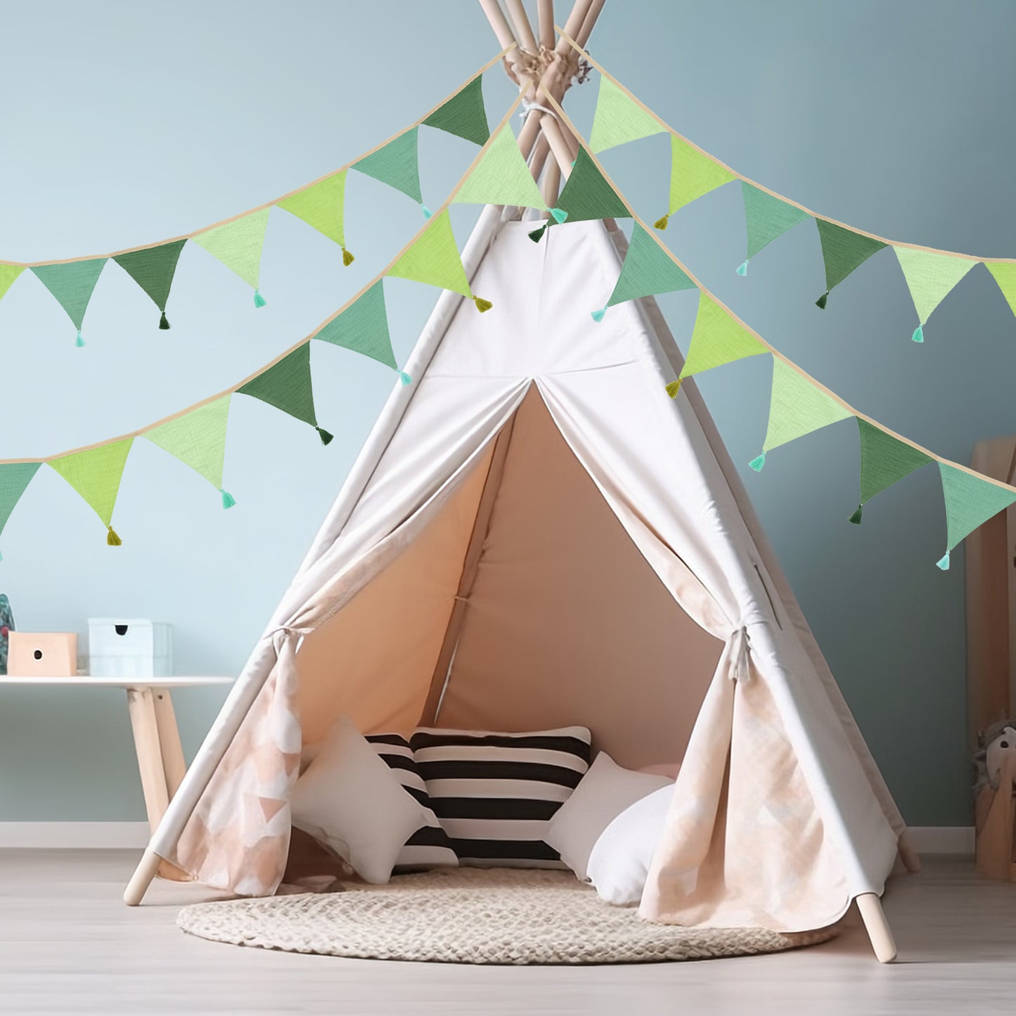 G2PLUS Cotton Fabric Bunting Banner, 9Ft Green Triangle Pennant Banner Flag, 12pcs Double-Sided Bunting Garland with Tassels for Birthday Party, Wedding, Holiday, Classroom Hanging Decor