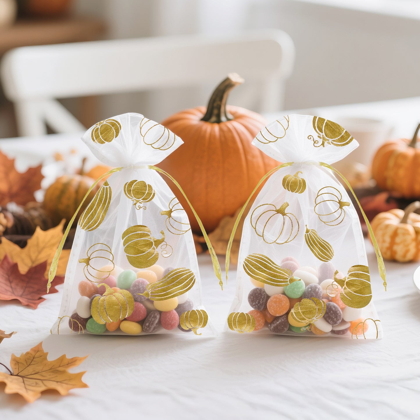 G2PLUS 50Pcs Fall Drawstring Organza Bags 4x6 In - Thanksgiving Organza Bags, White Sheer Mesh Pouches, Gold Pumpkin Candy Treat Bag for Wedding, Baby Shower, Autumn Holiday Party Favors