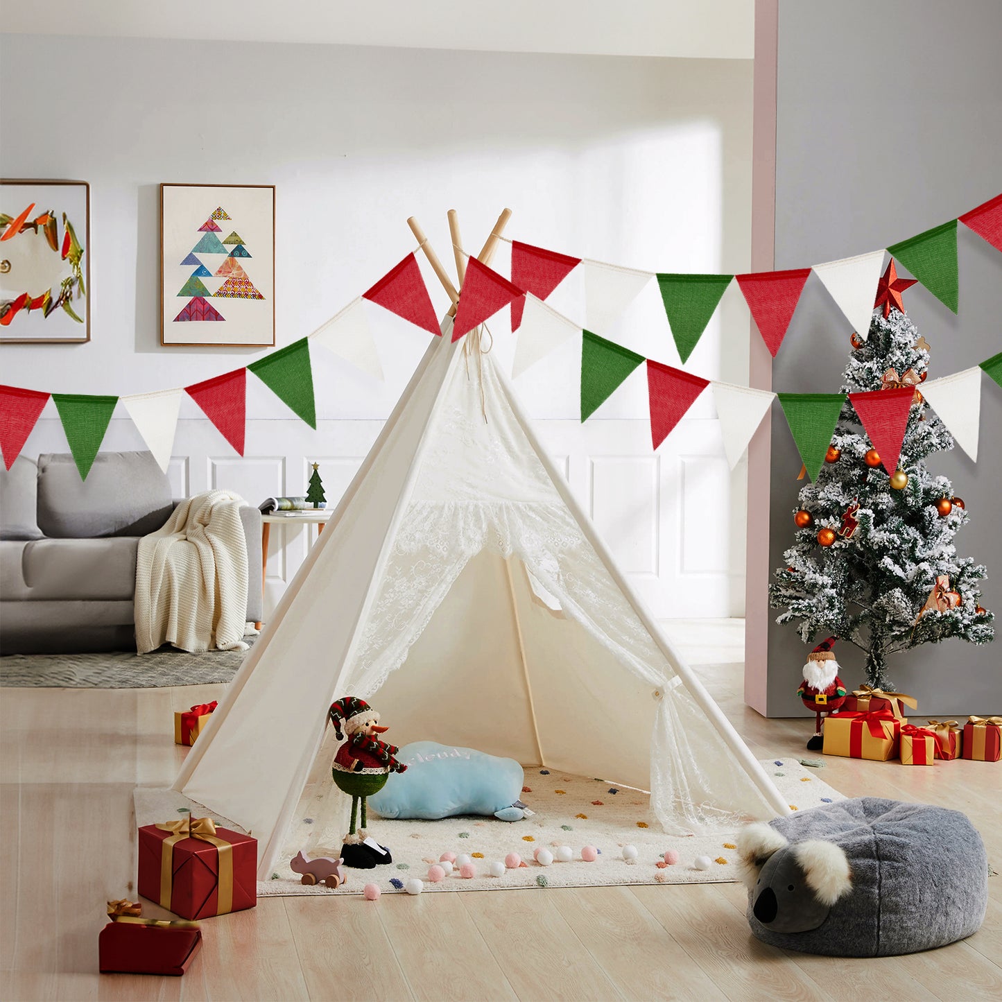 G2PLUS Pre-Strung Christmas Burlap Banners, 39Ft Red Green White Fabric Triangle Flag Bunting, 36Pcs Pennant Banner Flags Garland for Christmas, Wedding, Birthday, Party Decorations