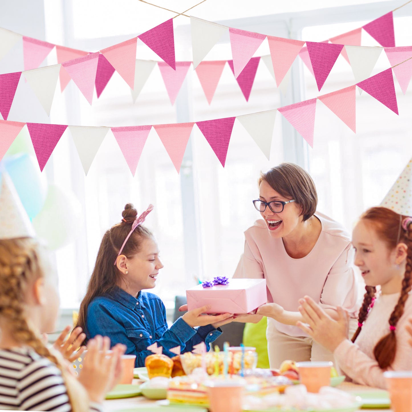 G2PLUS Pre-Strung Burlap Pennant Banners, 39Ft Pink Fabric Triangle Flag Bunting, 36Pcs Pennant Banner Flags Garland for Birthday, Holidays and Theme Party Decorations