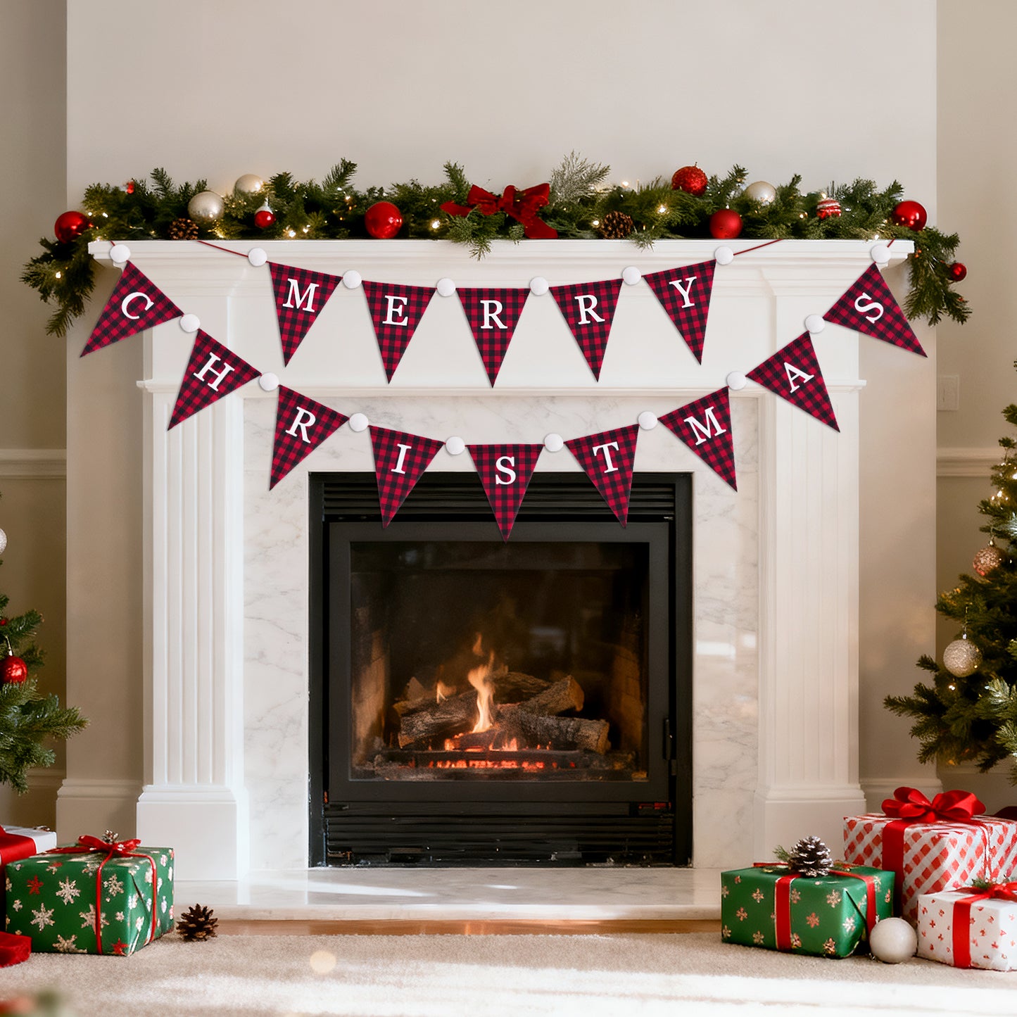 G2PLUS Merry Christmas Burlap Banner, 19.6Ft Red and Black Buffalo Plaid Banner, Pre-strung Triangle Pennant Flag Garland Bunting for Holiday Party, Fireplace Wall, Xmas Home Decorations