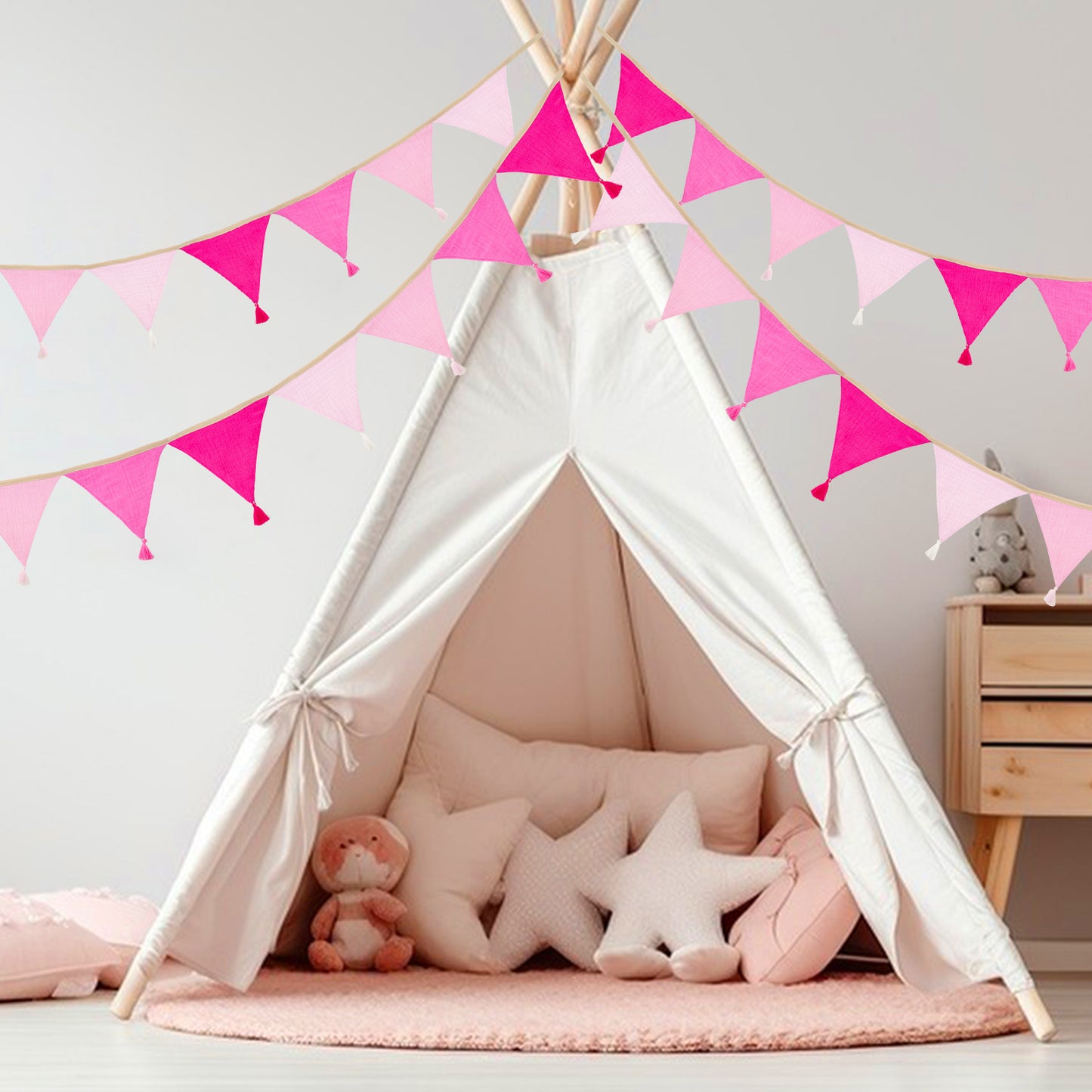 G2PLUS Cotton Fabric Bunting Banner, 9Ft Pink Triangle Pennant Banner Flag, 12pcs Double-Sided Bunting Garland with Tassels for Birthday Party, Wedding, Holiday, Classroom Hanging Decor