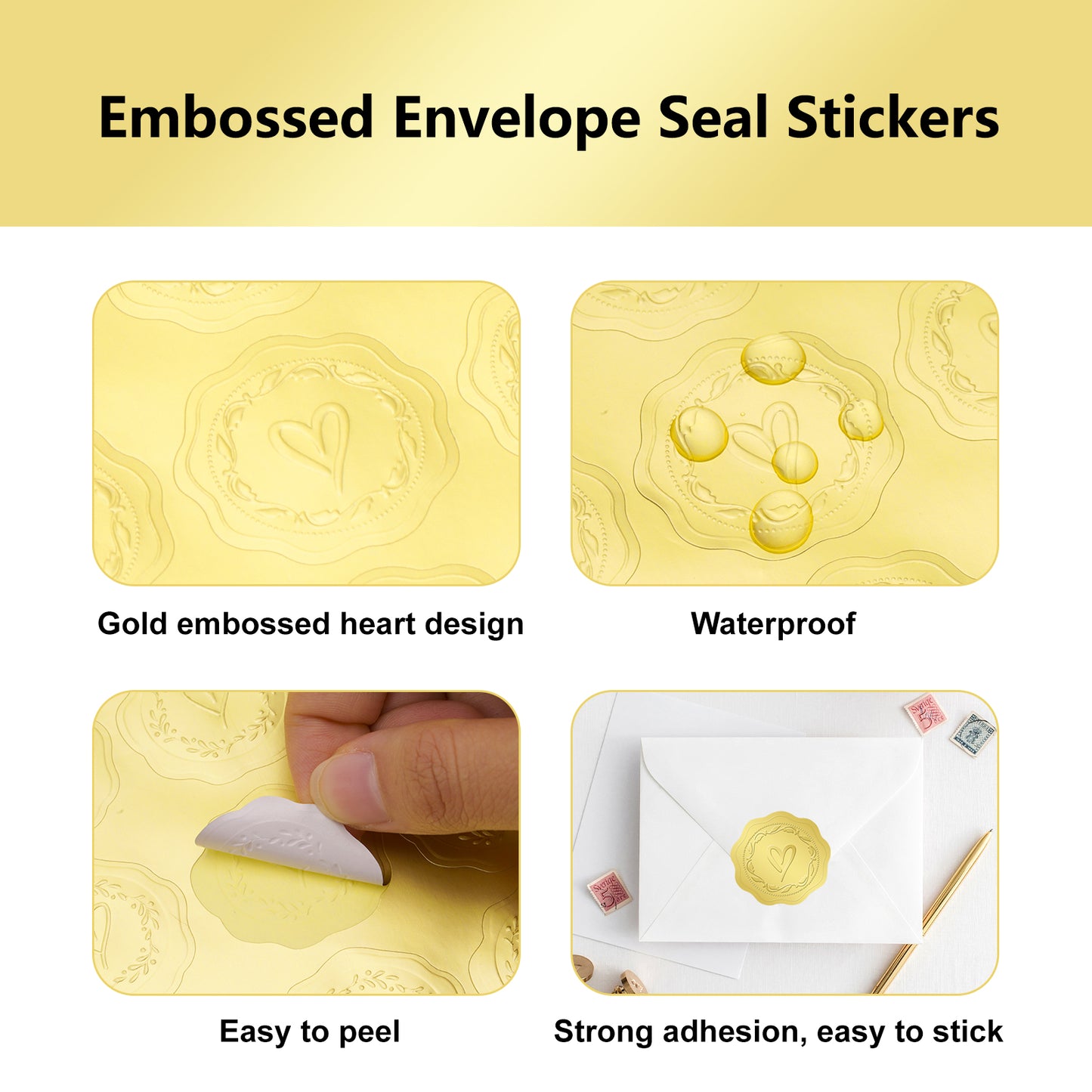 G2PLUS 300PCS Embossed Gold Foil Stickers, Gold Heart Envelope Seals Stickers, Gold Embossed Wax Seal Looking Heart Envelope Seals, Gold Heart and Garland Stickers for Wedding, Birthday Party Favors