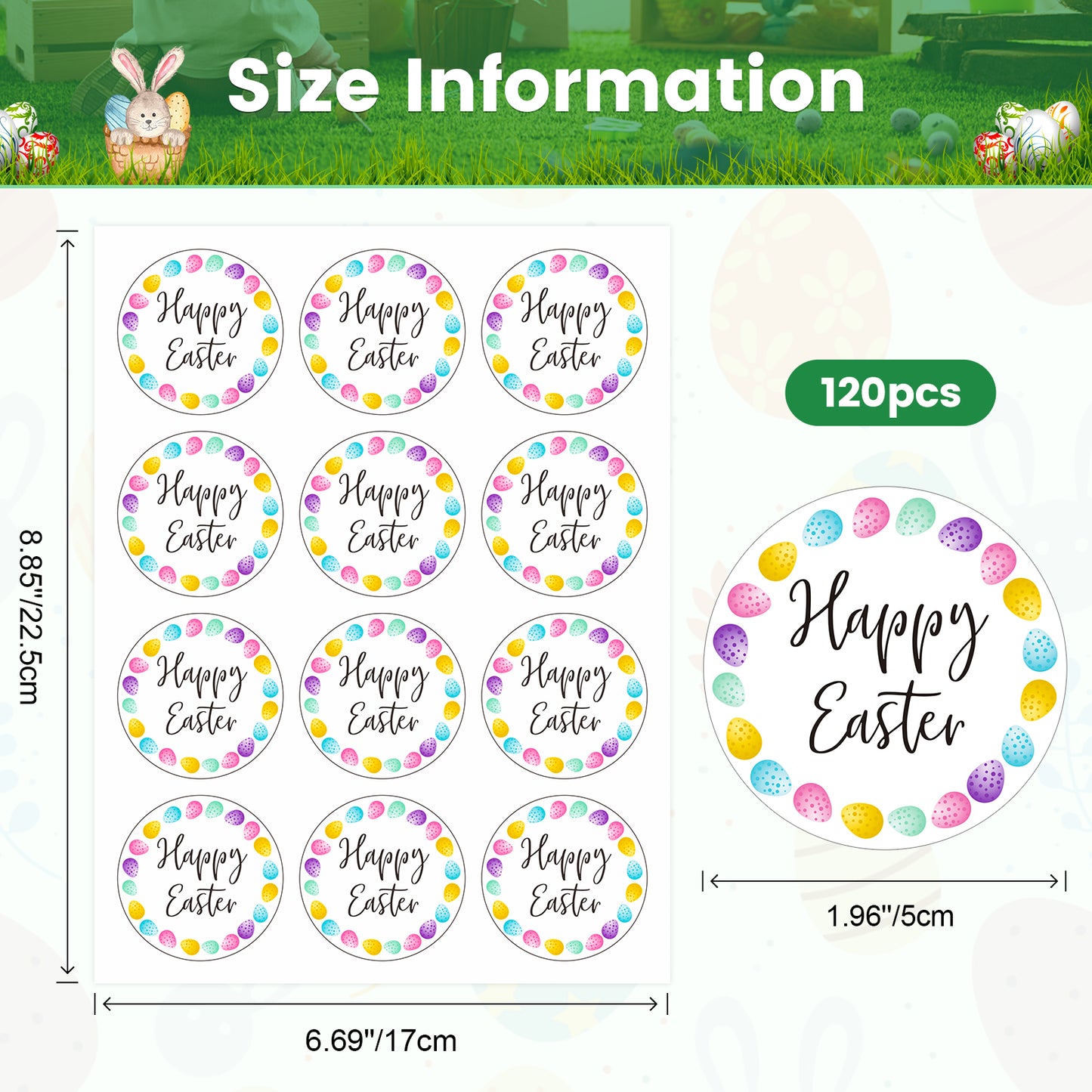 G2PLUS Easter Gift Stickers, 120Pcs Happy Easter Stickers, 2" Round Easter Eggs Labels Stickers, Personalized Easter Decoration Stickers for Gift Wrap, Easter Party, Candy Bags