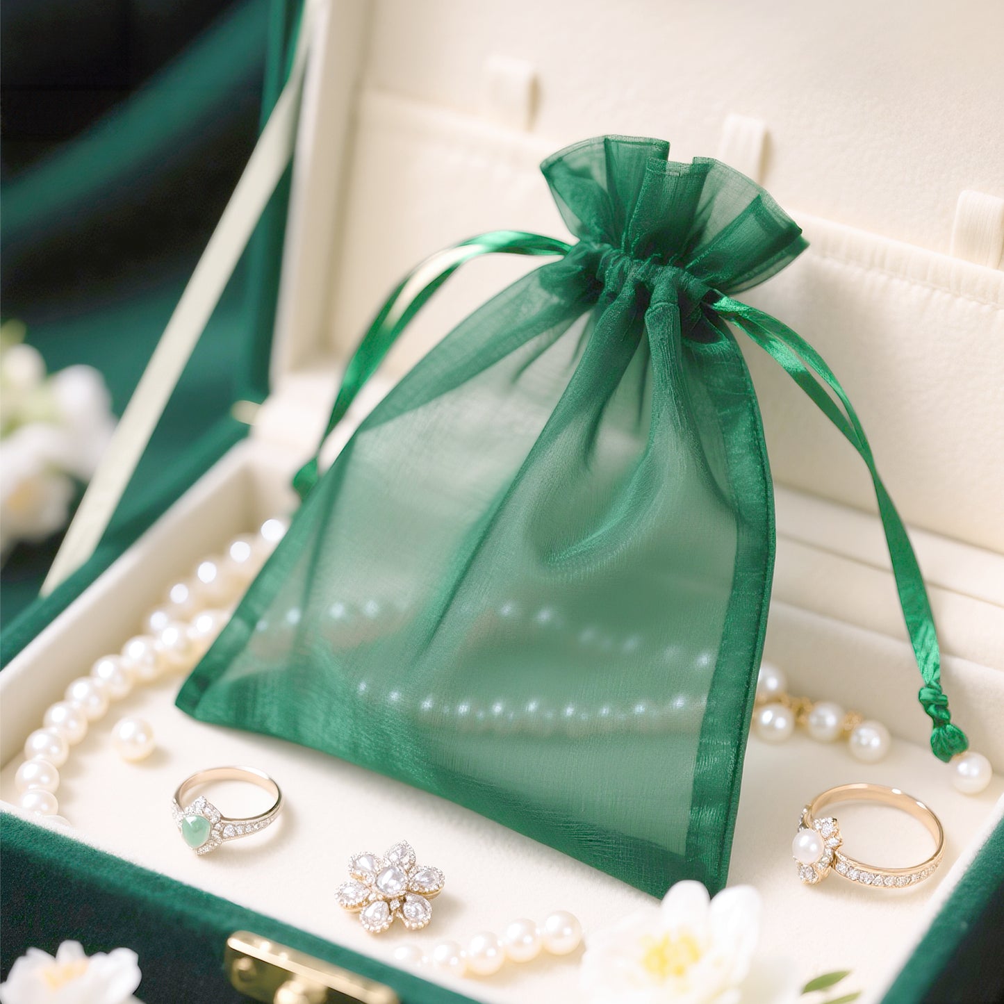 G2PLUS 25PCS Dark Green Organza Bags 5x7 inches - Sheer Mesh Jewelry Pouches, Organza Gift Bags with Drawstring for Candy, Christmas, Wedding Party Favors
