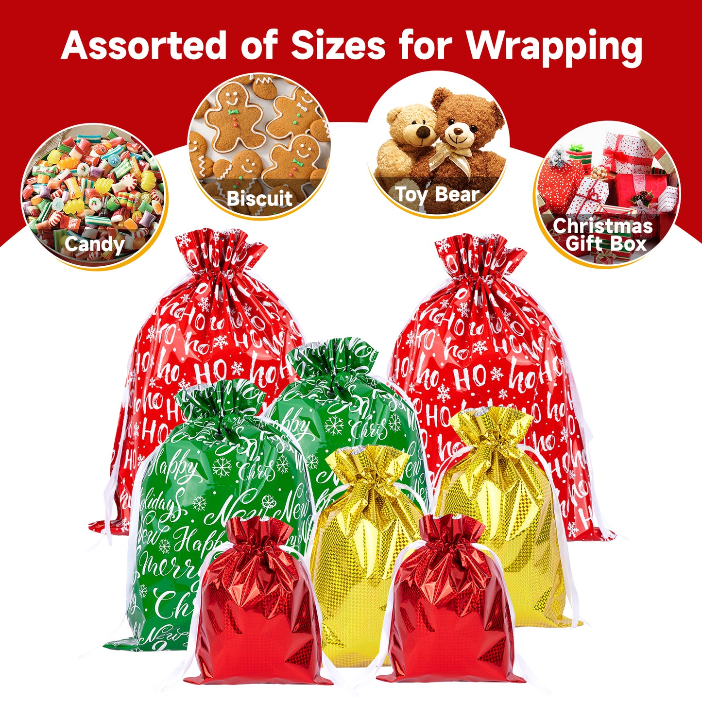 G2PLUS 20PCS Christmas Drawstring Gift Bags Assorted Sizes - 4 Designs Aluminum Foil Christmas Bags with Ribbon, Present Wrapping Pouches for Packages, Holidays, Birthday Party