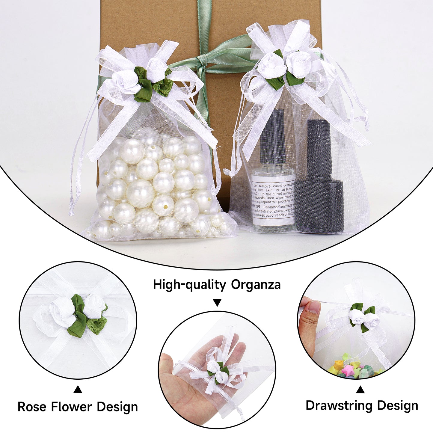 G2PLUS 30Pcs Rose Organza Bags 4x6 Inch-White Wedding Favor Bags, Jewelry Pouches with Drawstring for Bridal Shower, Baby Shower, Valentine's Day Party Favors