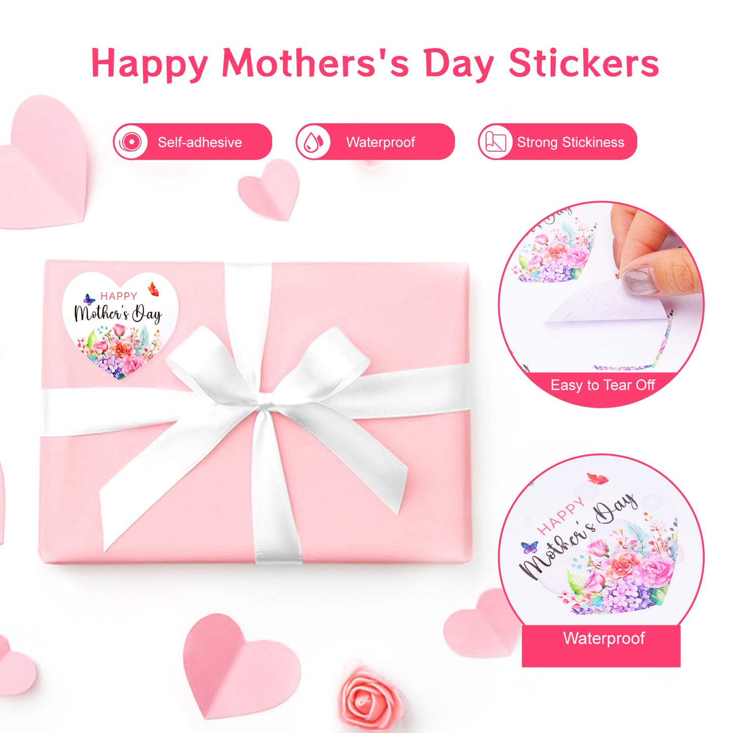 G2PLUS Mother's Day Stickers, 60PCS Happy Mother's Day Gift Stickers, 2'' Heart Shaped Mother's Day Label Stickers, Floral Gift Stickers for Mother's Day Gift Wrap, Party Favors Decorations