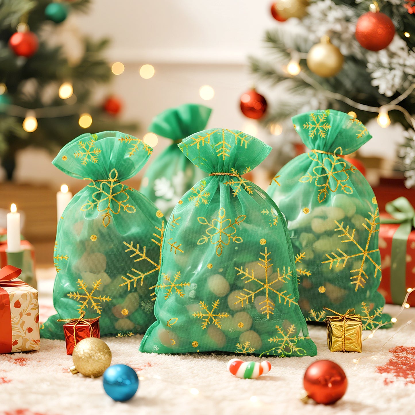 G2PLUS Christmas Drawstring Organza Bags 4x6-50PCS Christmas Snowflake Organza Gift Bags, Green Sheer Mesh Pouches, Xmas Winter Holiday Sheer Mesh Bag for Jewelry, Candy, Goodies