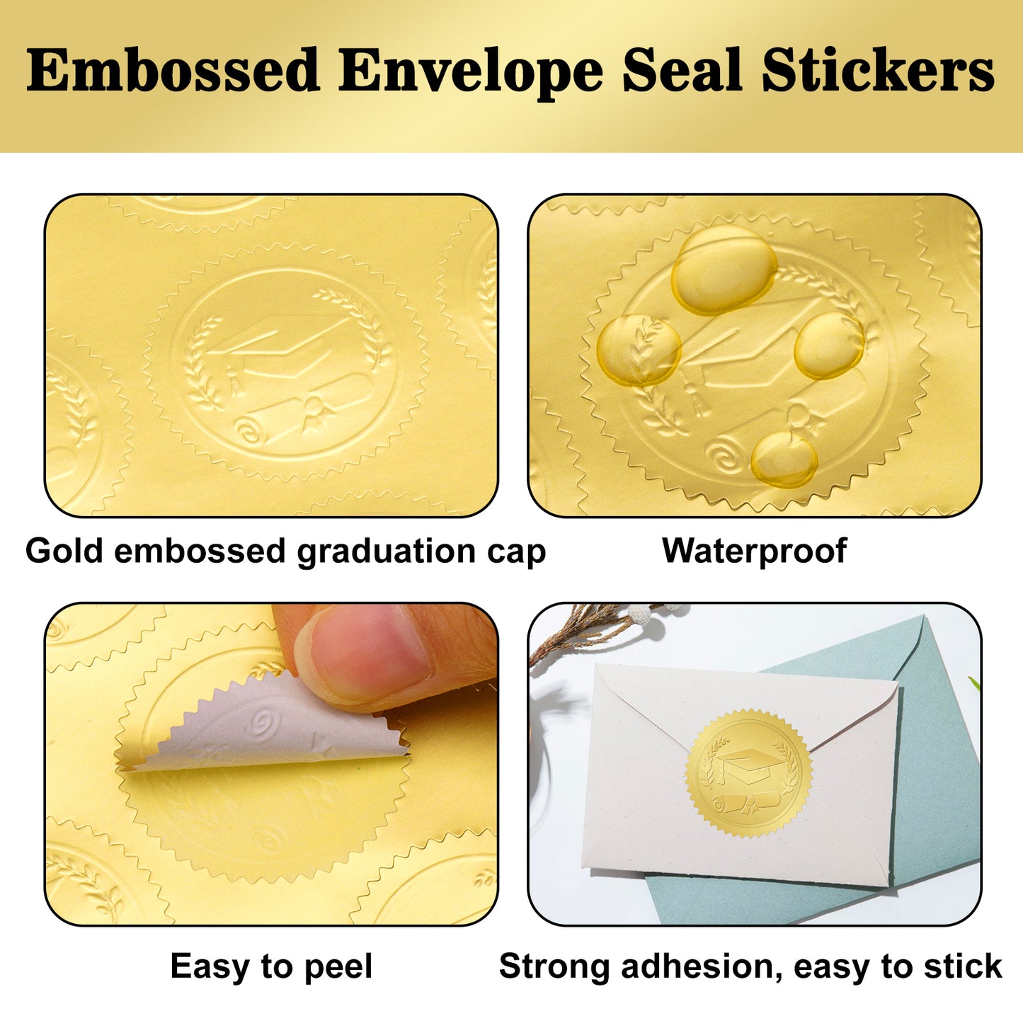 G2PLUS Gold Embossed Graduation Stickers, 300PCS Gold Foil Graduation Cap Stickers, 1.5in Graduation Envelope Seal Stickers, Class of 2025 Label for Diplomas Certificates Congrats Grad Party Favors